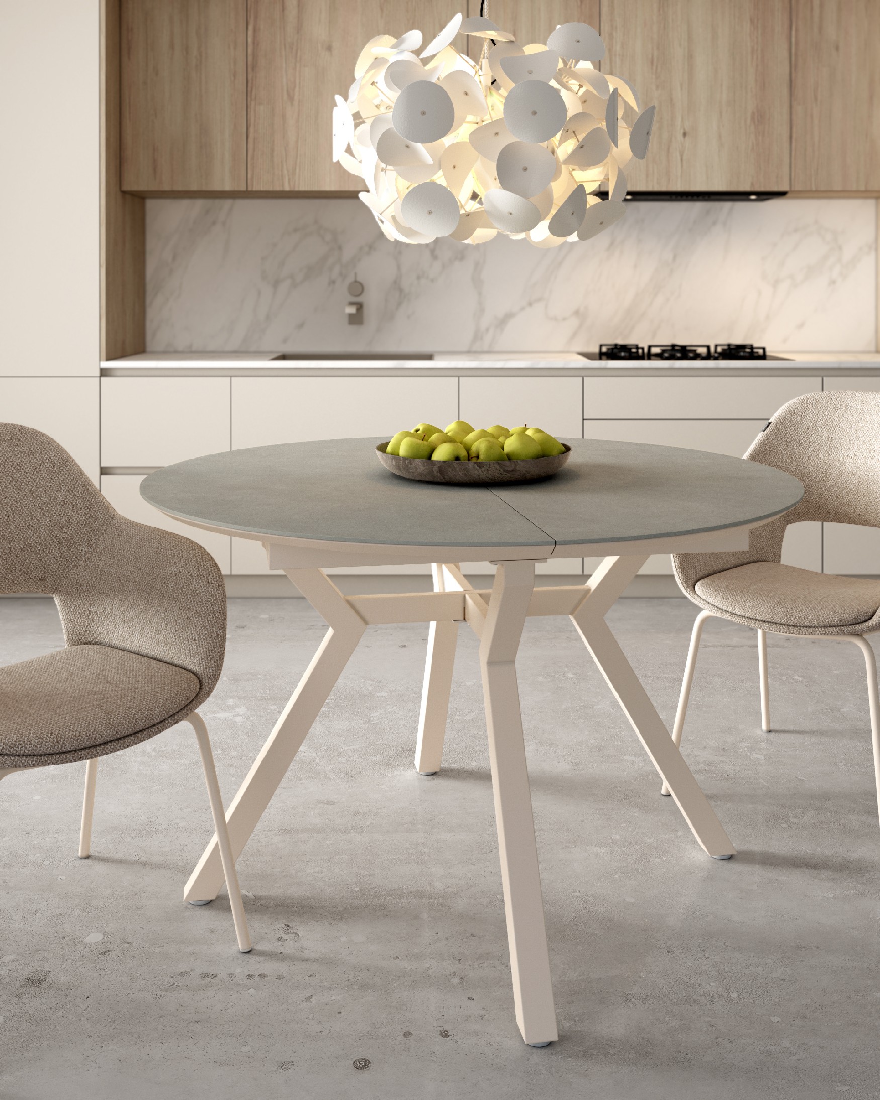 Round extendable Ross table with porcelain Porland finish and ivory metal leg 120/160 x 120 cm