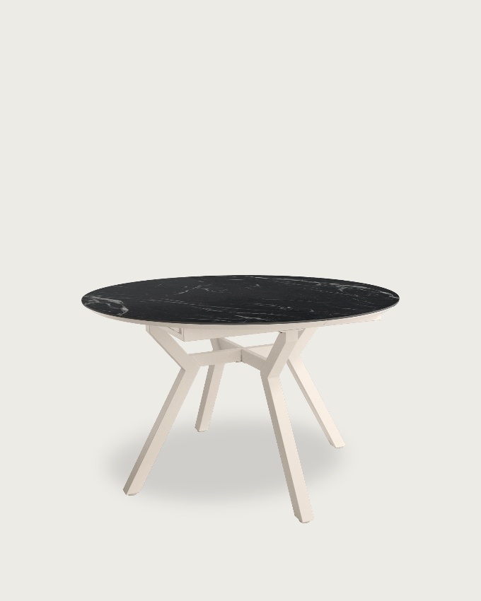 Round extendable Ross table with porcelain Marquina finish and ivory metal leg 100/130 x 100 cm