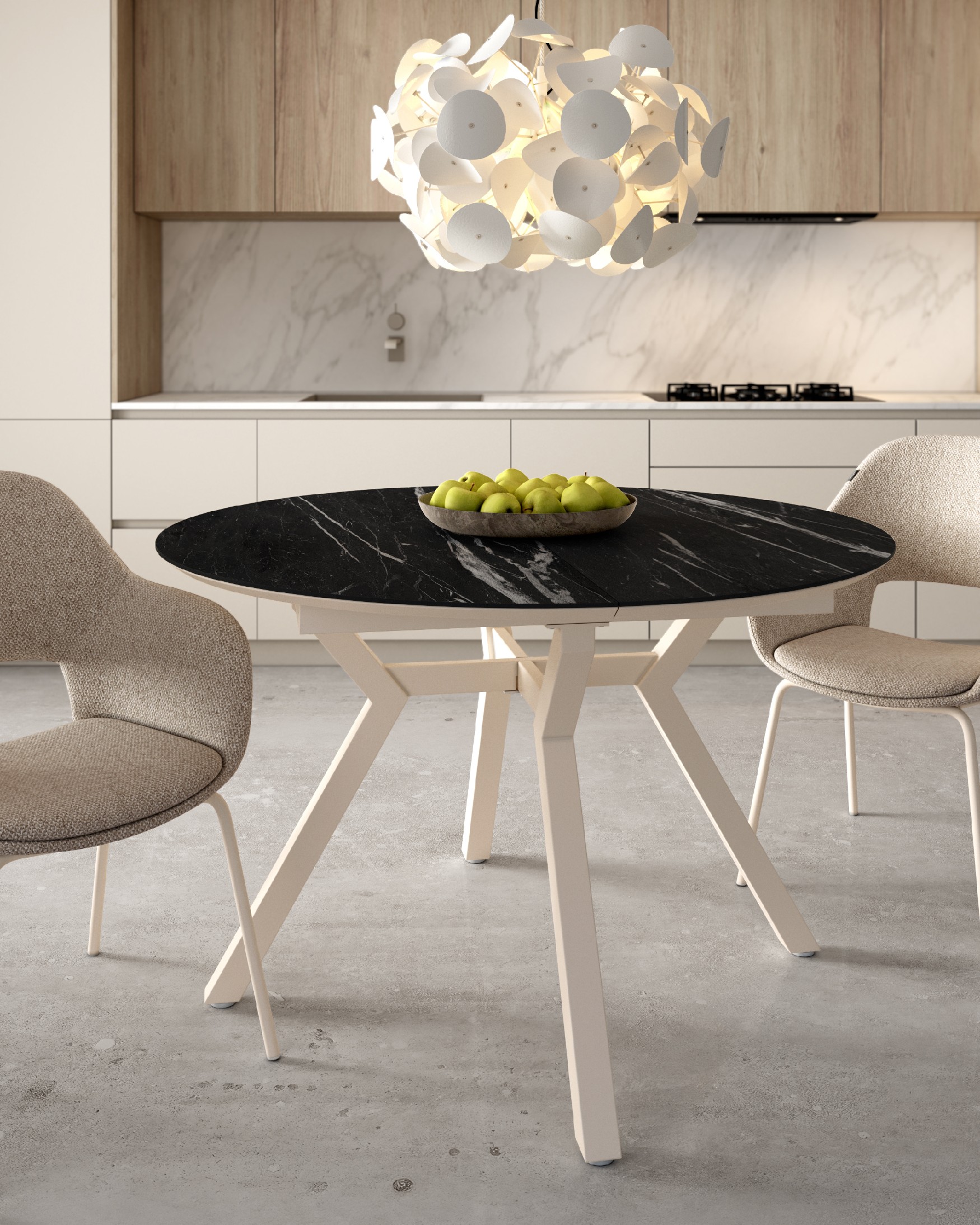 Mesa Ross redonda extensible con acabado porclánico Marquina y pata metálica marfil  120/160 x 120 cm
