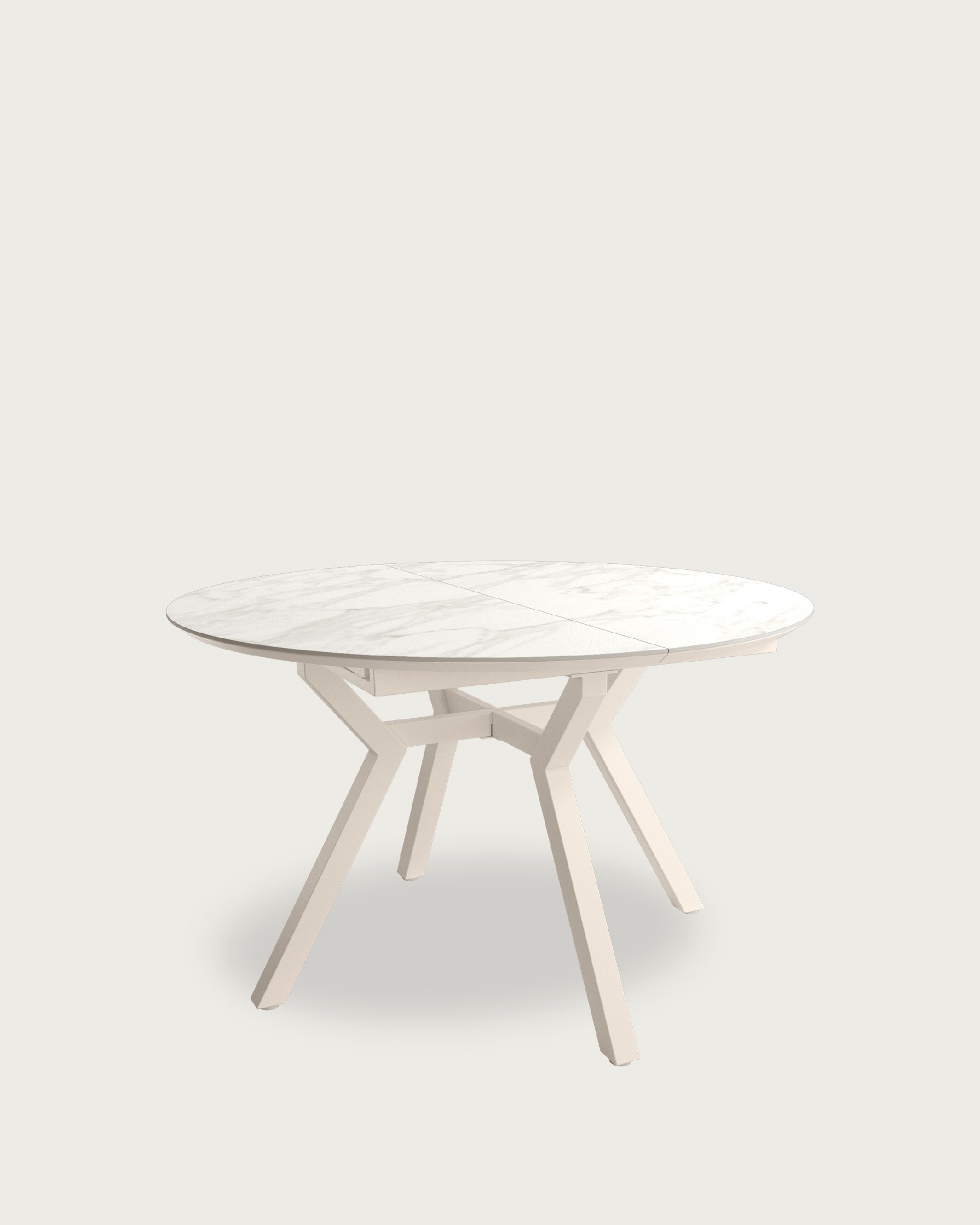 Mesa Ross redonda extensible con acabado porcelánico carrara y pata metálica marfil  100/130 x 100 cm