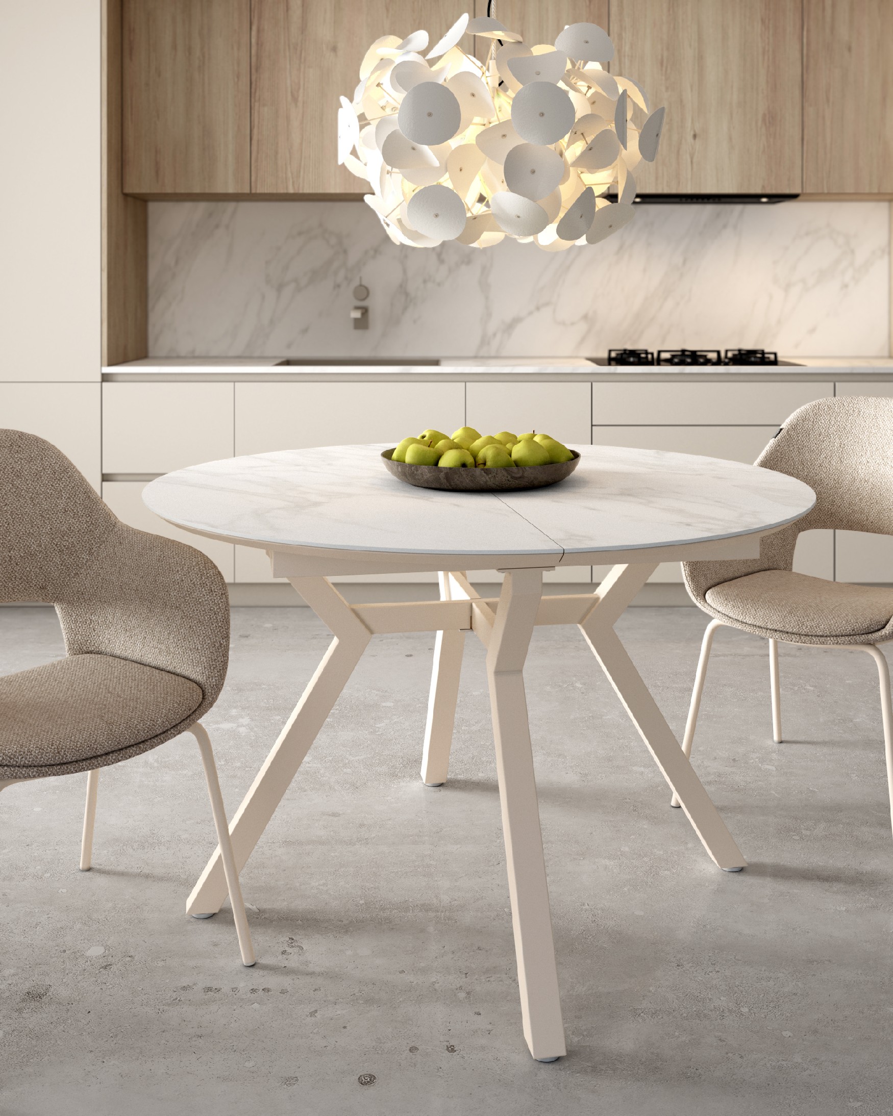 Mesa Ross redonda extensible con acabado porcelánico carrara y pata metálica marfil  100/130 x 100 cm