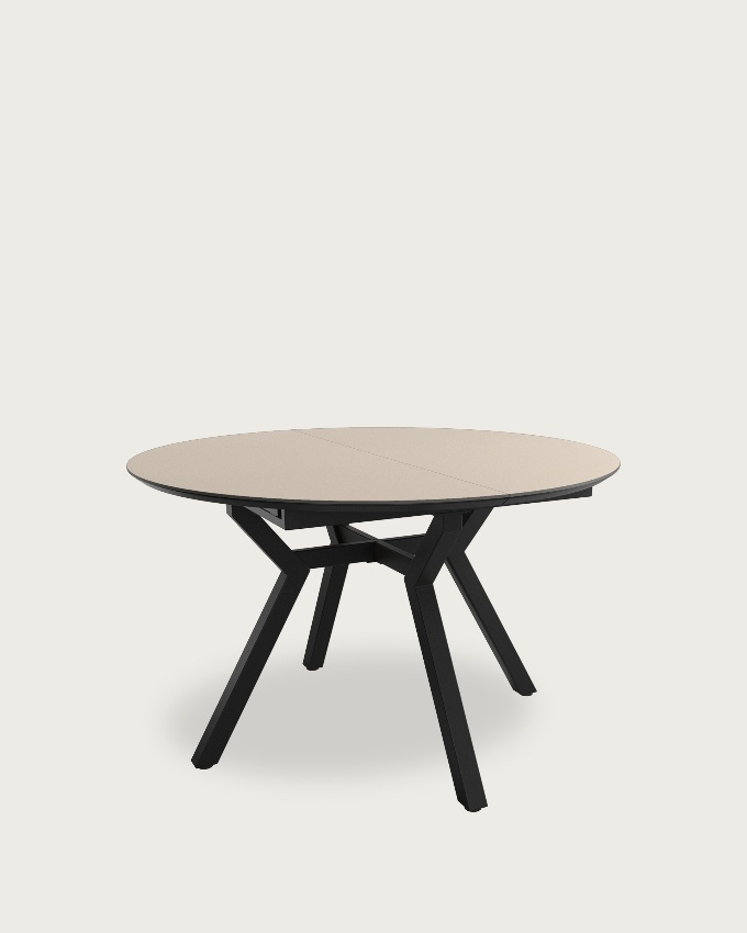 Round extendable Ross table with  porcelain bBeige finish and black metal leg 100/130 x 100 cm