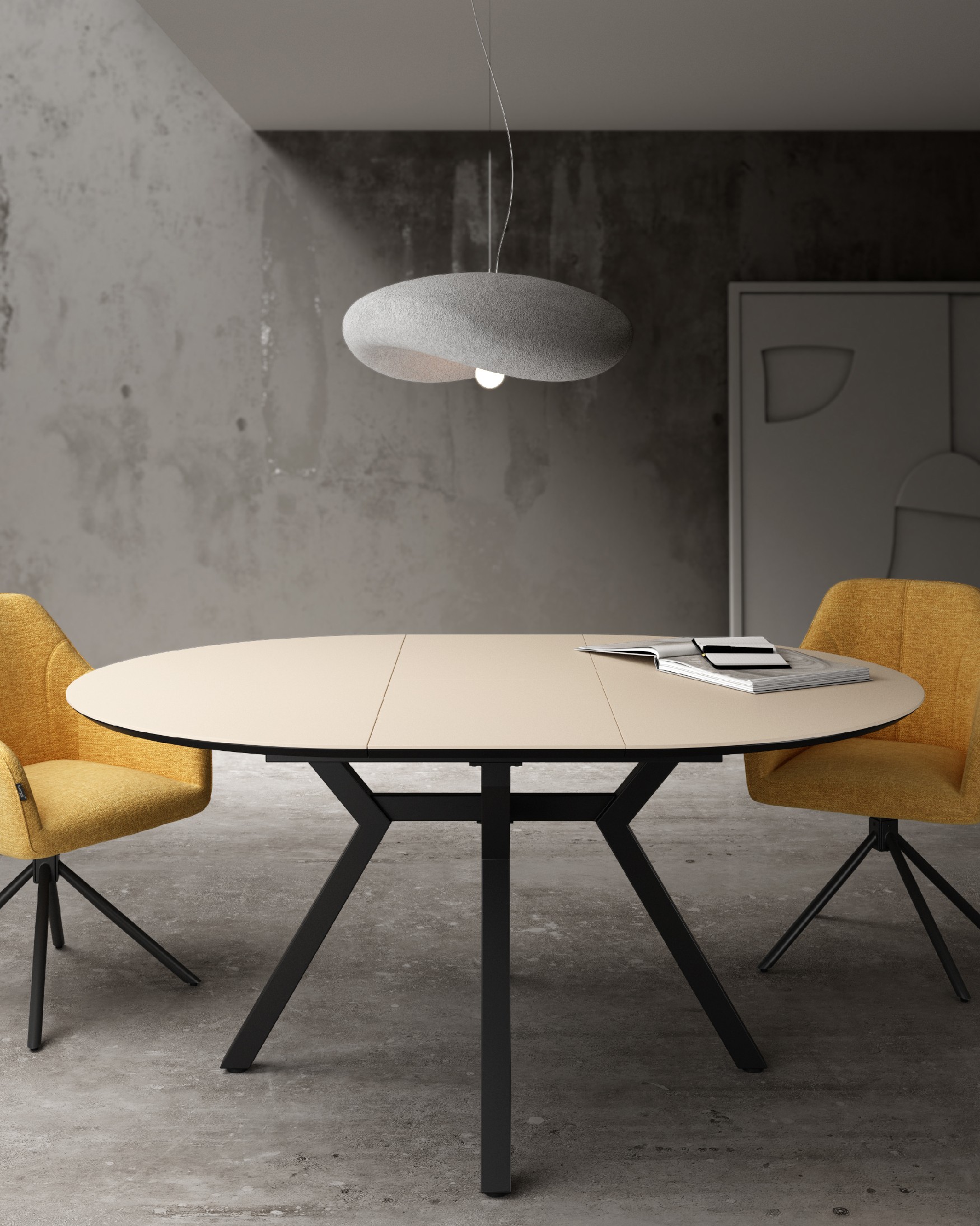 Round extendable Ross table with porcelain Beige finish and black metal leg 120/160 x 120 cm