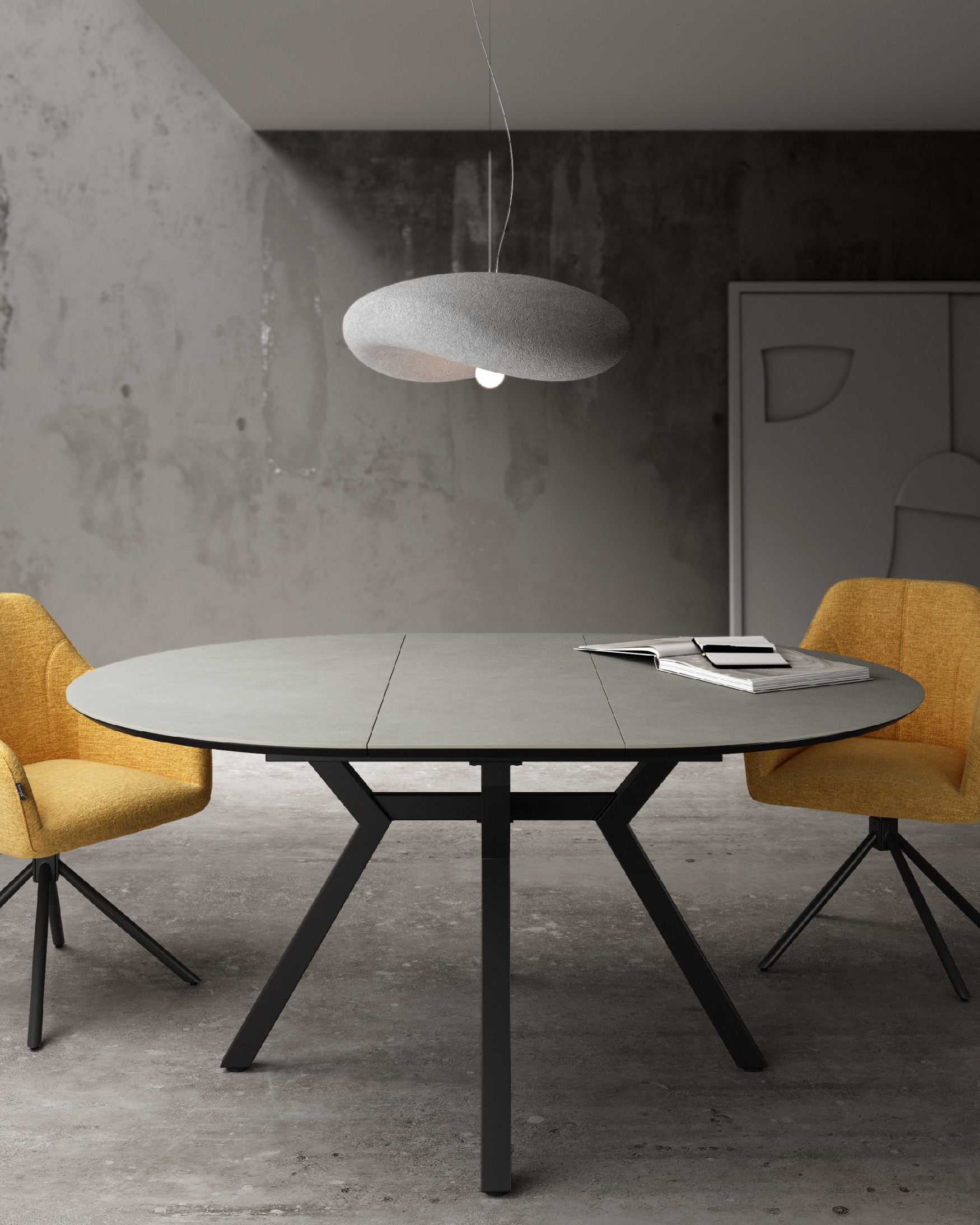 Round extendable Ross table with porcelain Porland finish and black metal leg 120/160 x 120 cm