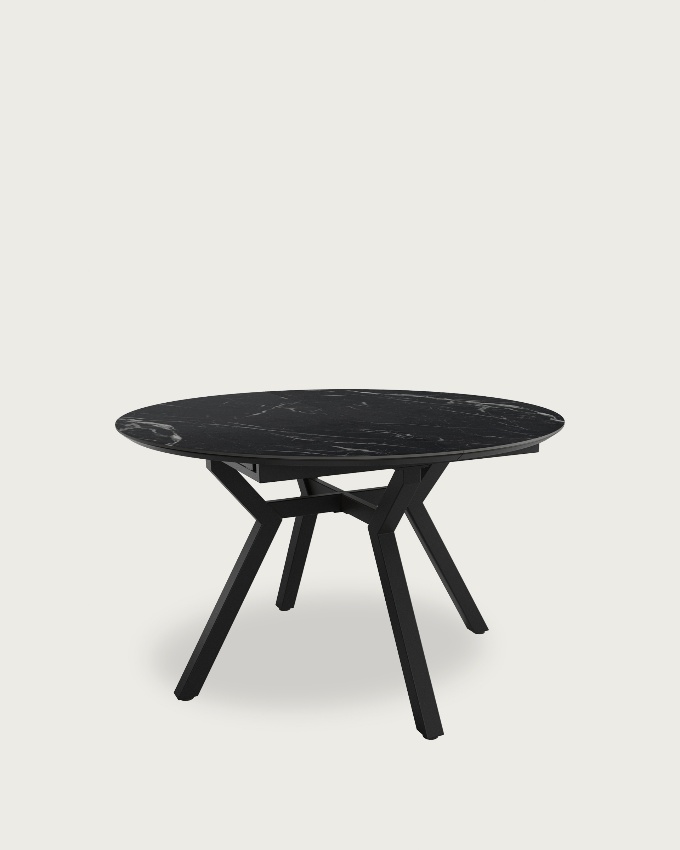 Round extendable Ross table with  porcelain Marquina finish and black metal leg 100/130 x 100 cm