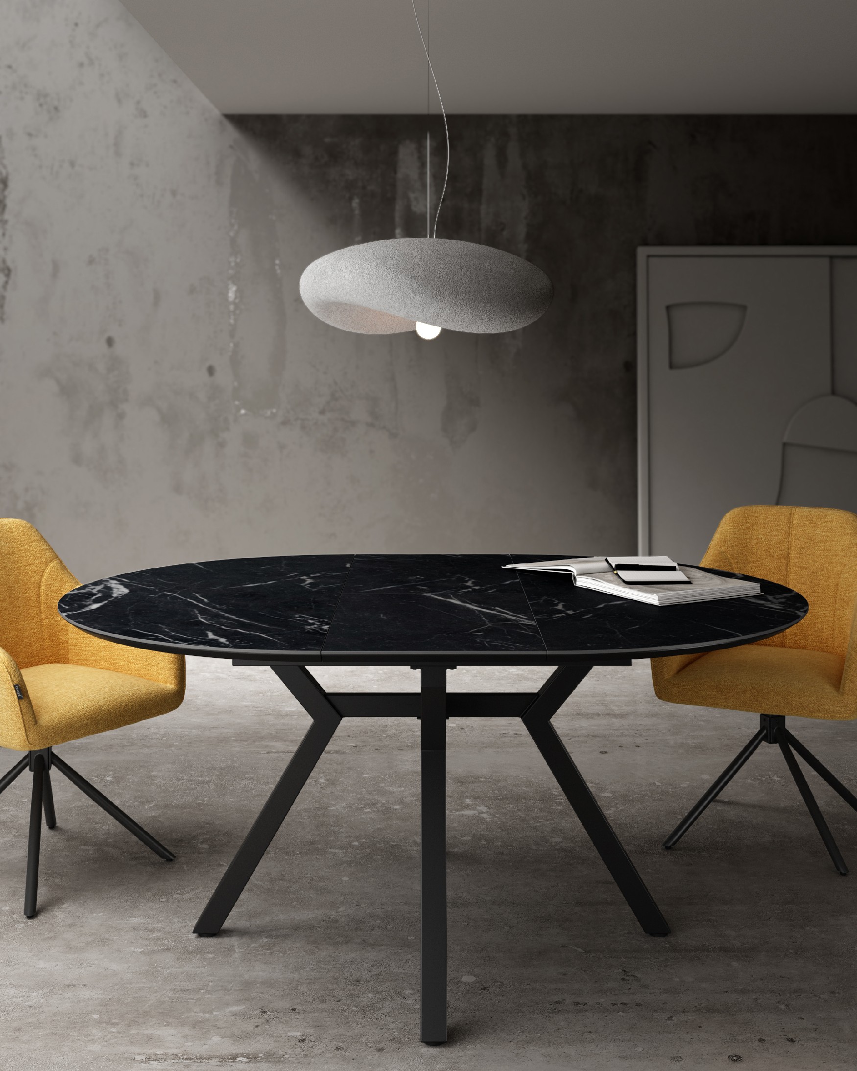 Round extendable Ross table with  porcelain Marquina finish and black metal leg 100/130 x 100 cm