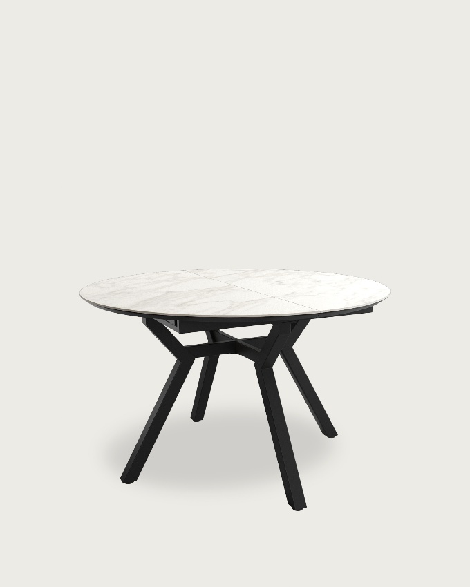 Round extendable Ross table with porcelain Carrara finish and black metal leg 100/130 x 100 cm