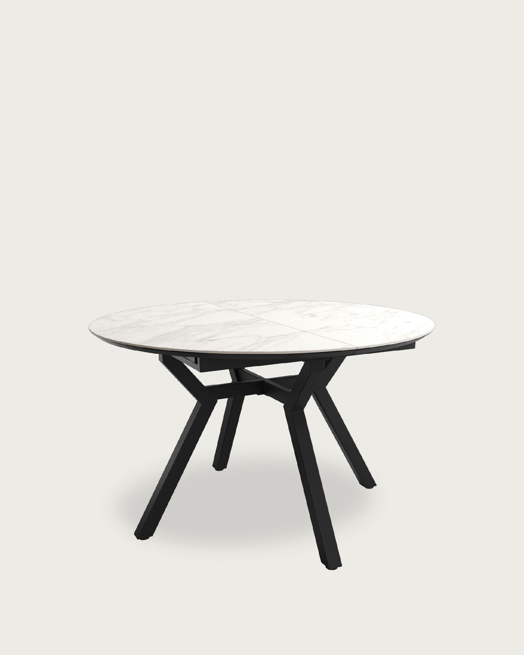 Mesa Ross redonda extensible con acabado porcelánico Carrara y pata metálica negra  120/160 x 120 cm