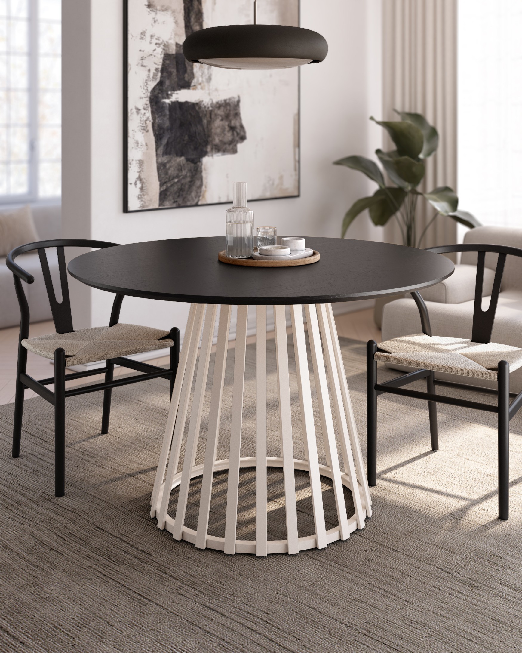 Sahara round table with black oak top and ivory metal leg Ø 120 cm