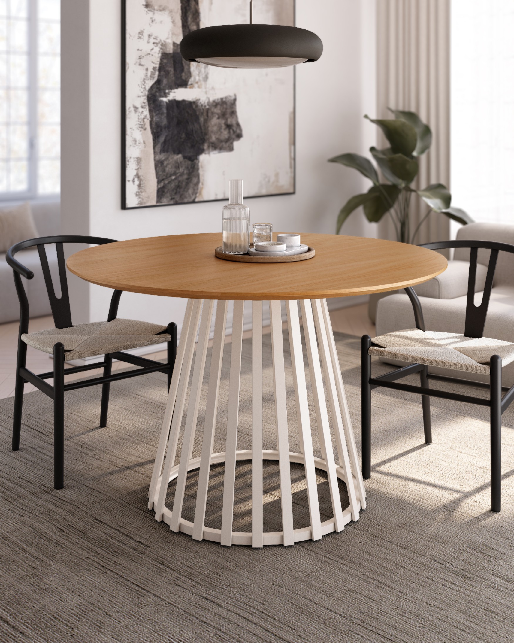Mesa Sahara redonda con sobre roble natural y pata metálica marfil Ø 120 cm