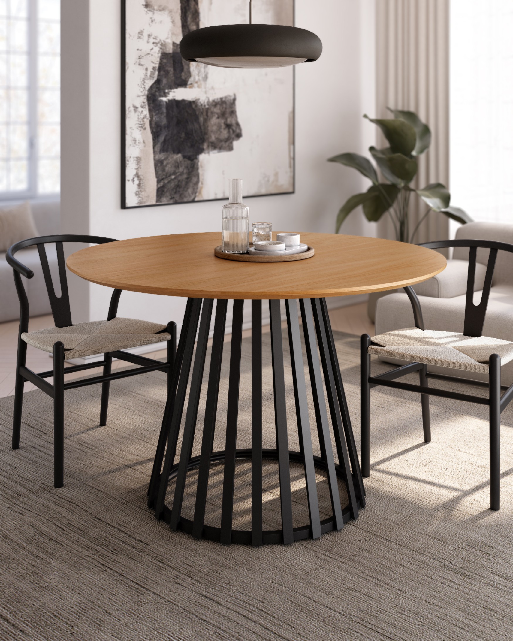 Sahara round table with natural oak top and black metal leg Ø 120 cm