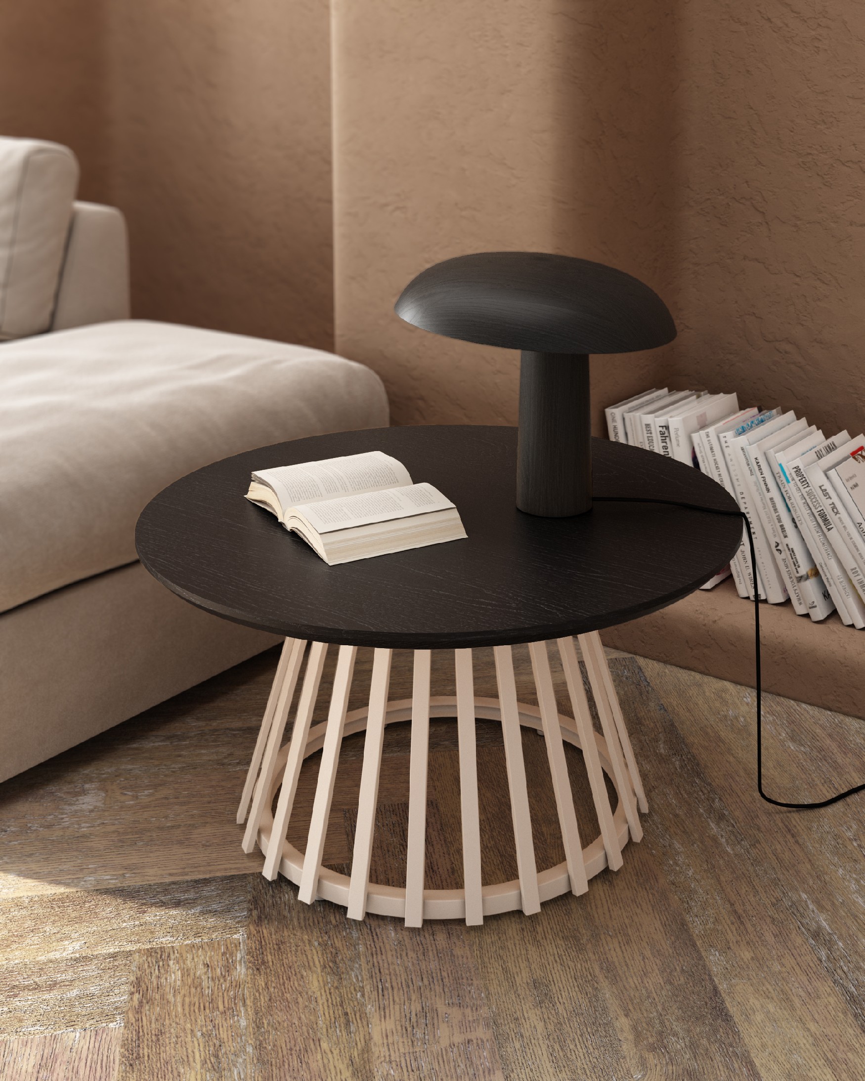 Table d'appoint Sahara ronde avec finition chêne noir et pied en métal ivoire Ø 80 cm