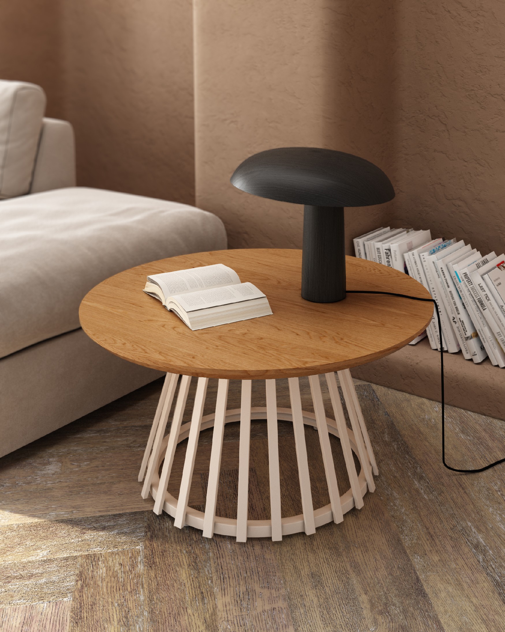 Sahara round side table with natural oak finish and ivory metal leg Ø 80 cm