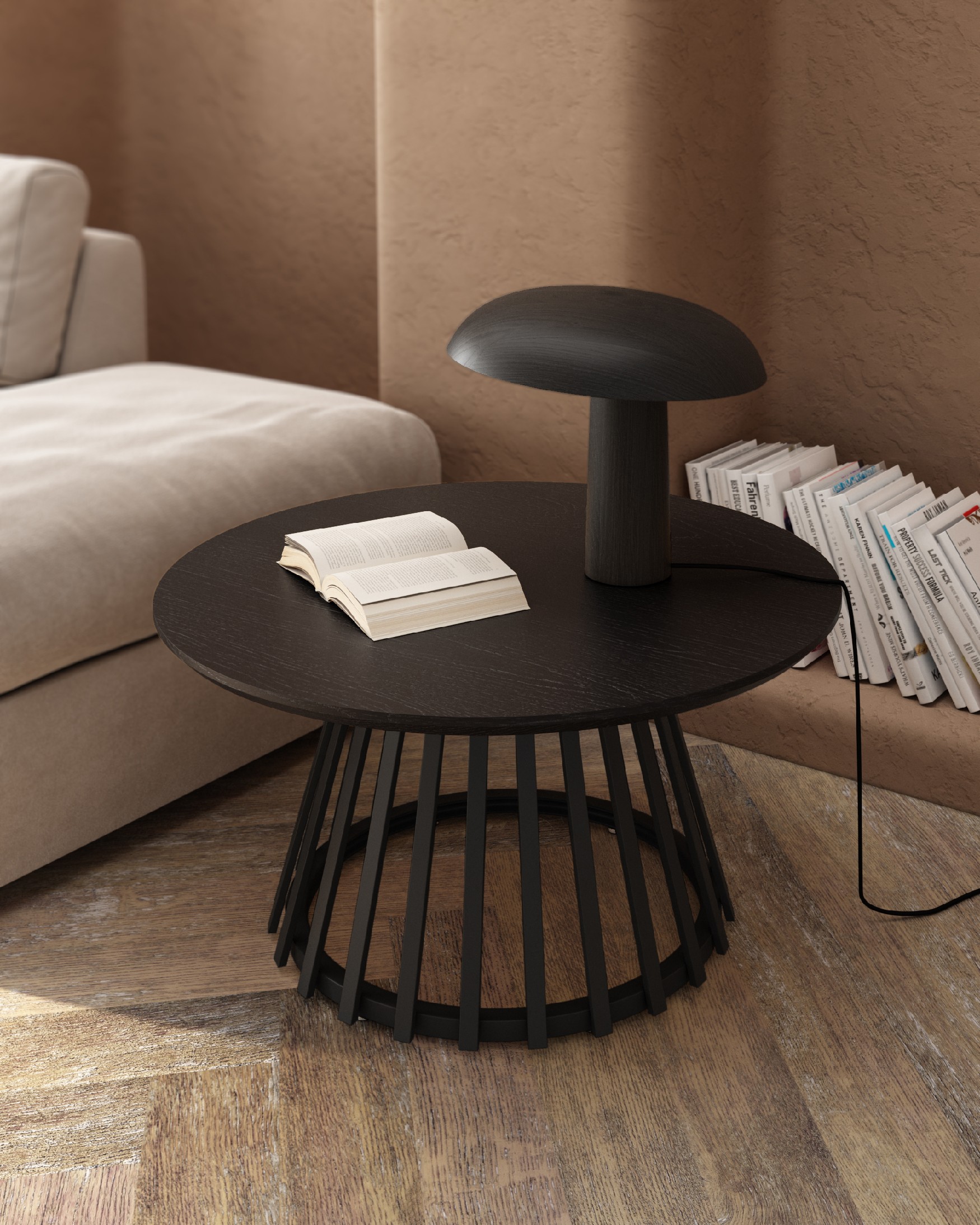 Mesa auxiliar Sahara redonda con acabado roble negro y pata metálica negra Ø 80 cm