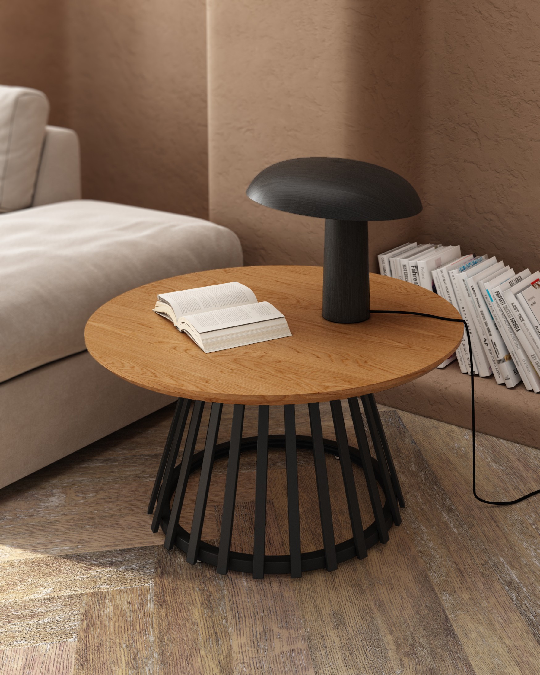 Sahara round side table with natural oak finish and black metal leg Ø 80 cm
