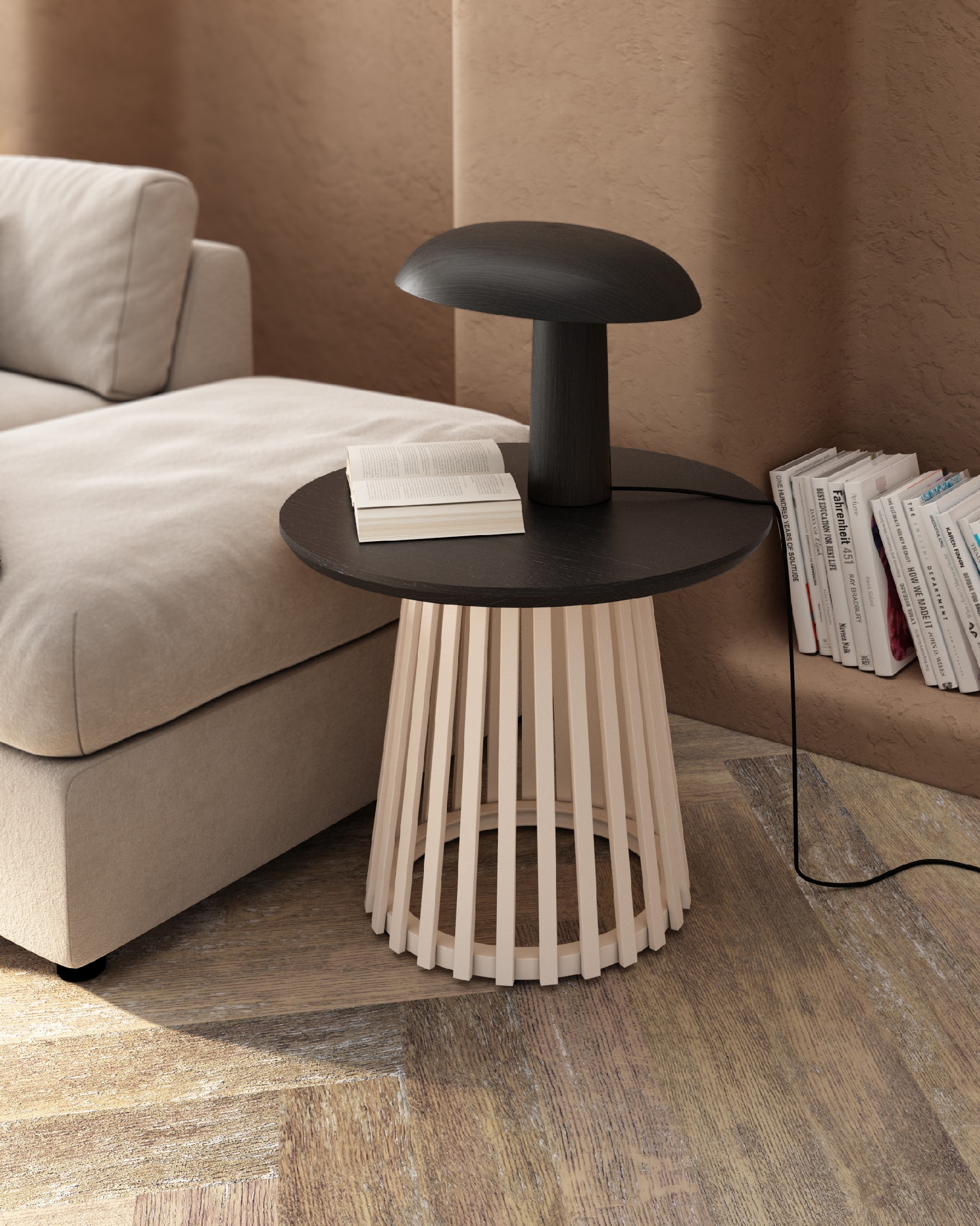 Table d'appoint Sahara ronde avec finition chêne noir et pied métallique ivoire Ø 60 cm
