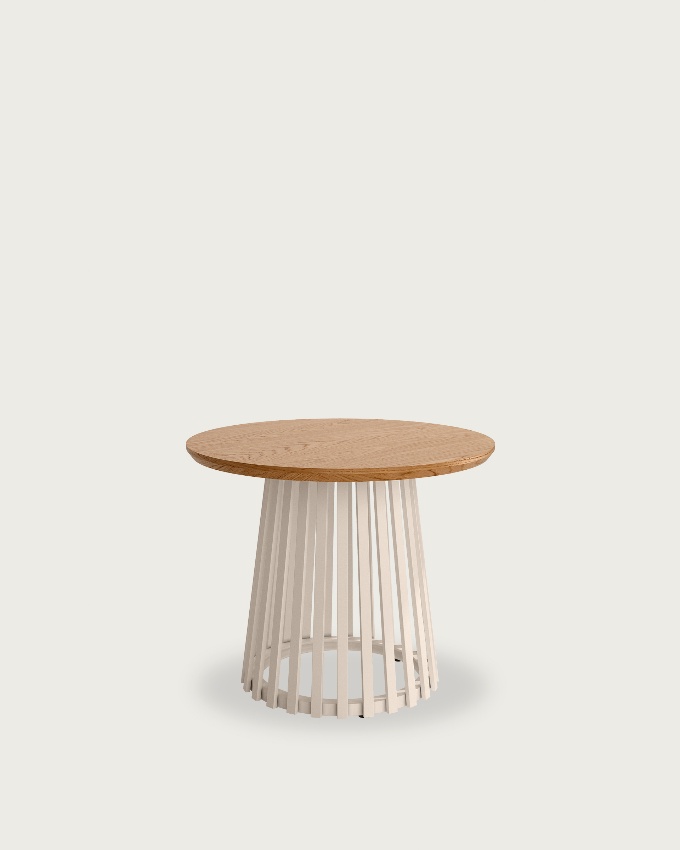 Round auxiliary table Sahara with natural oak finish and ivory metal leg Ø 60 cm