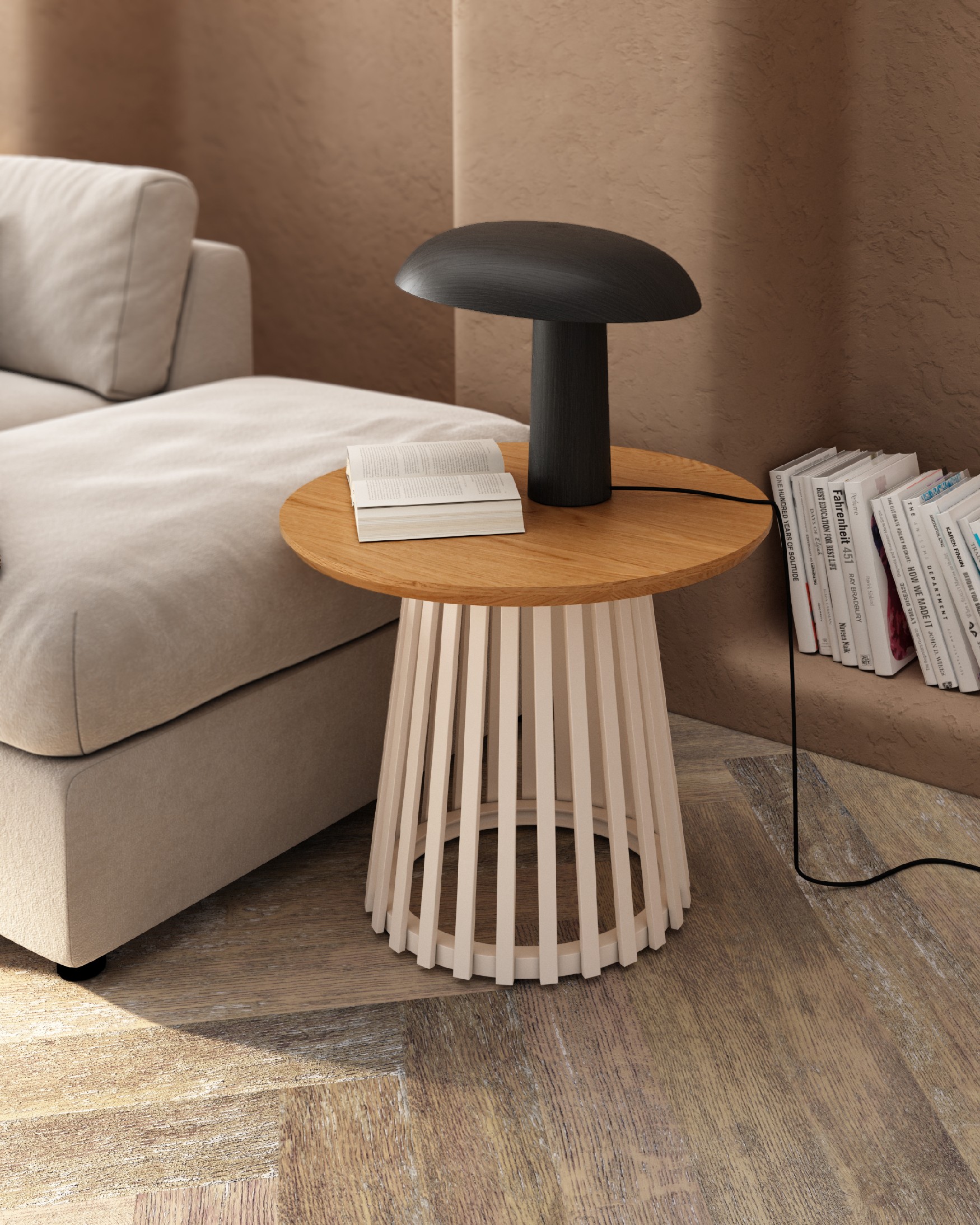 Table d'appoint Sahara ronde avec finition chêne naturel et pied métallique ivoire Ø 60 cm