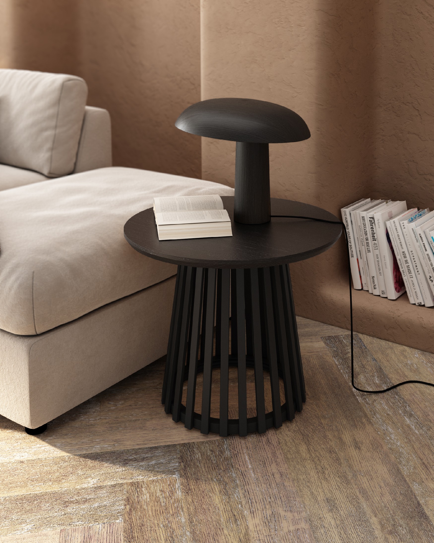 Table d'appoint Sahara ronde avec finition chêne noir et pied métallique noir Ø 60 cm