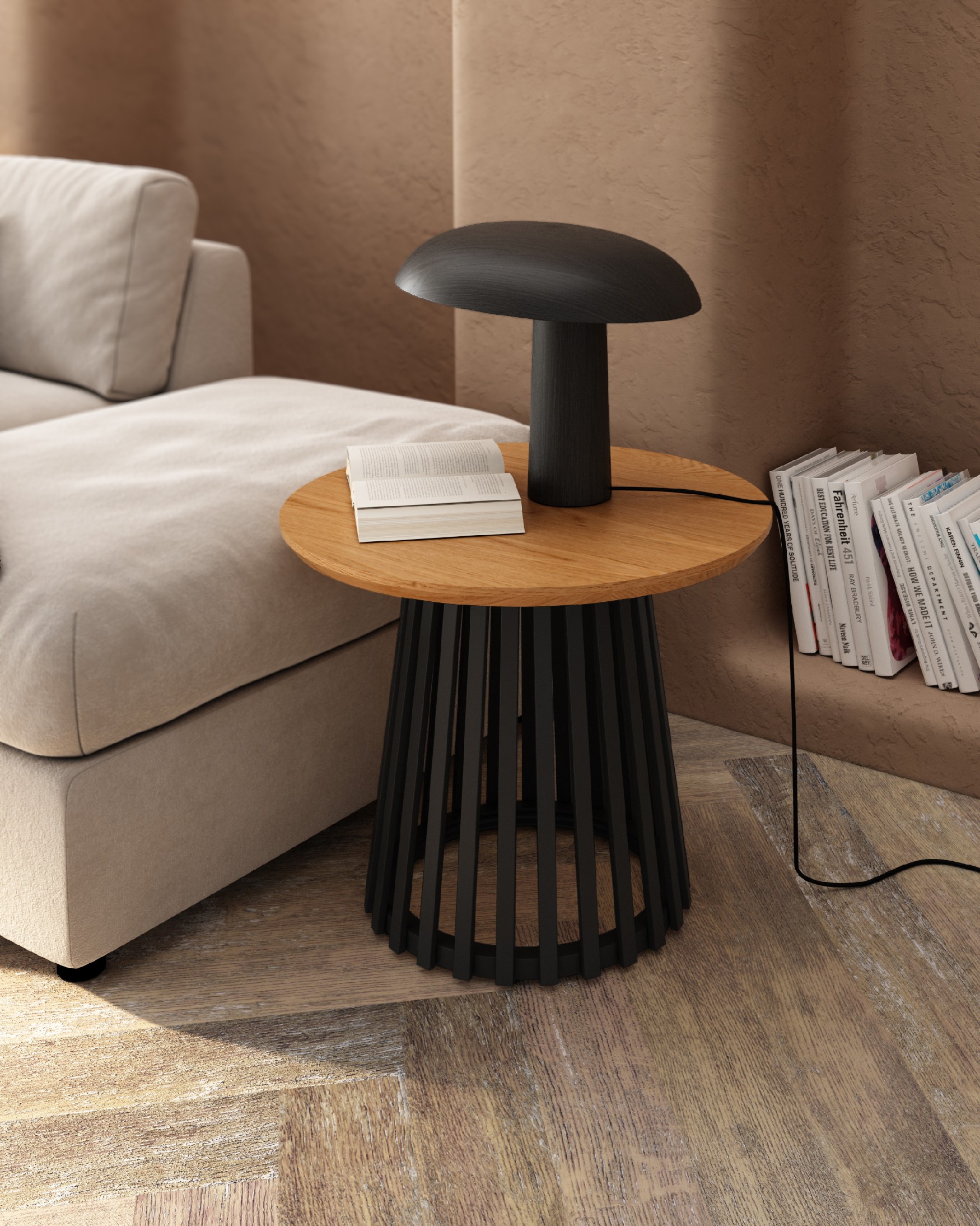 Table d'appoint Sahara ronde avec finition chêne naturel et pied métallique noir Ø 60 cm