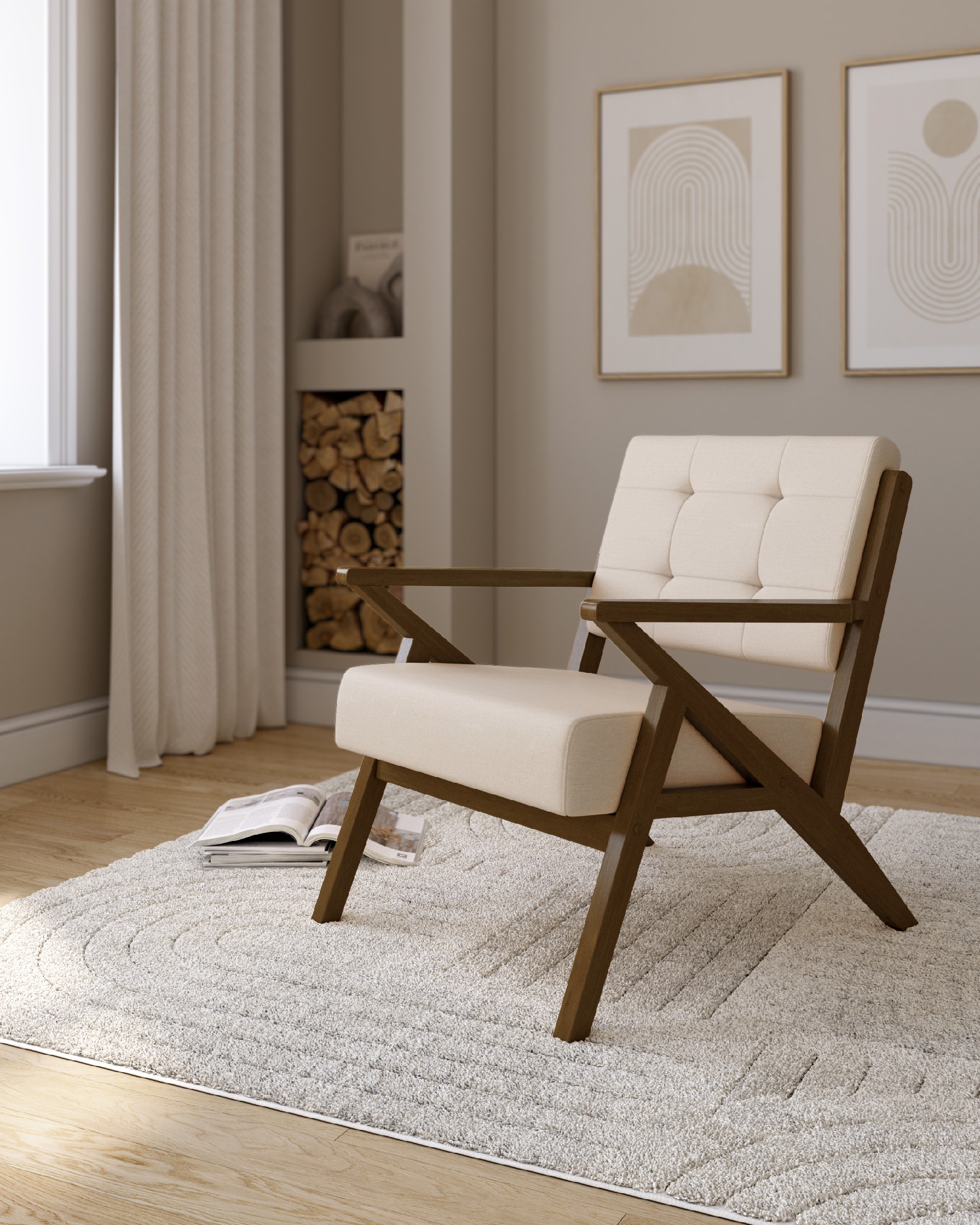 Fauteuil Sakura avec tapisserie sable et finition en bois foncé