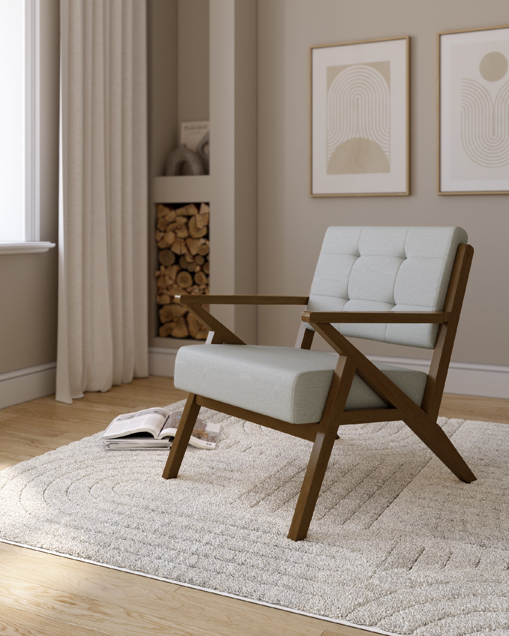 Fauteuil Sakura avec rembourrage gris et finition en bois foncé