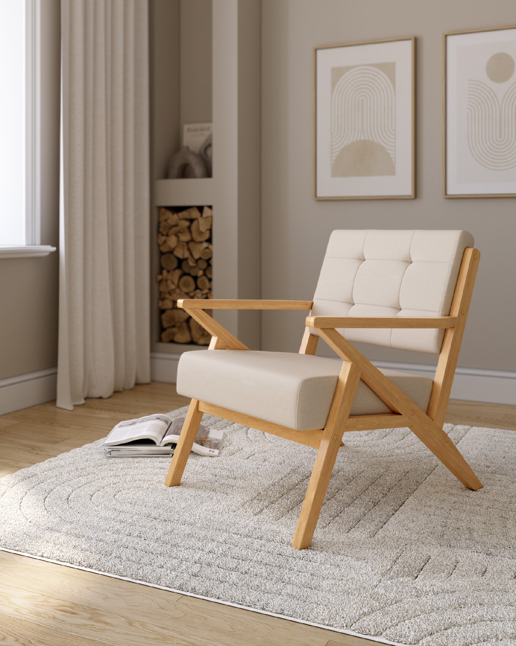 Sakura armchair with sand upholstery and light wood finish