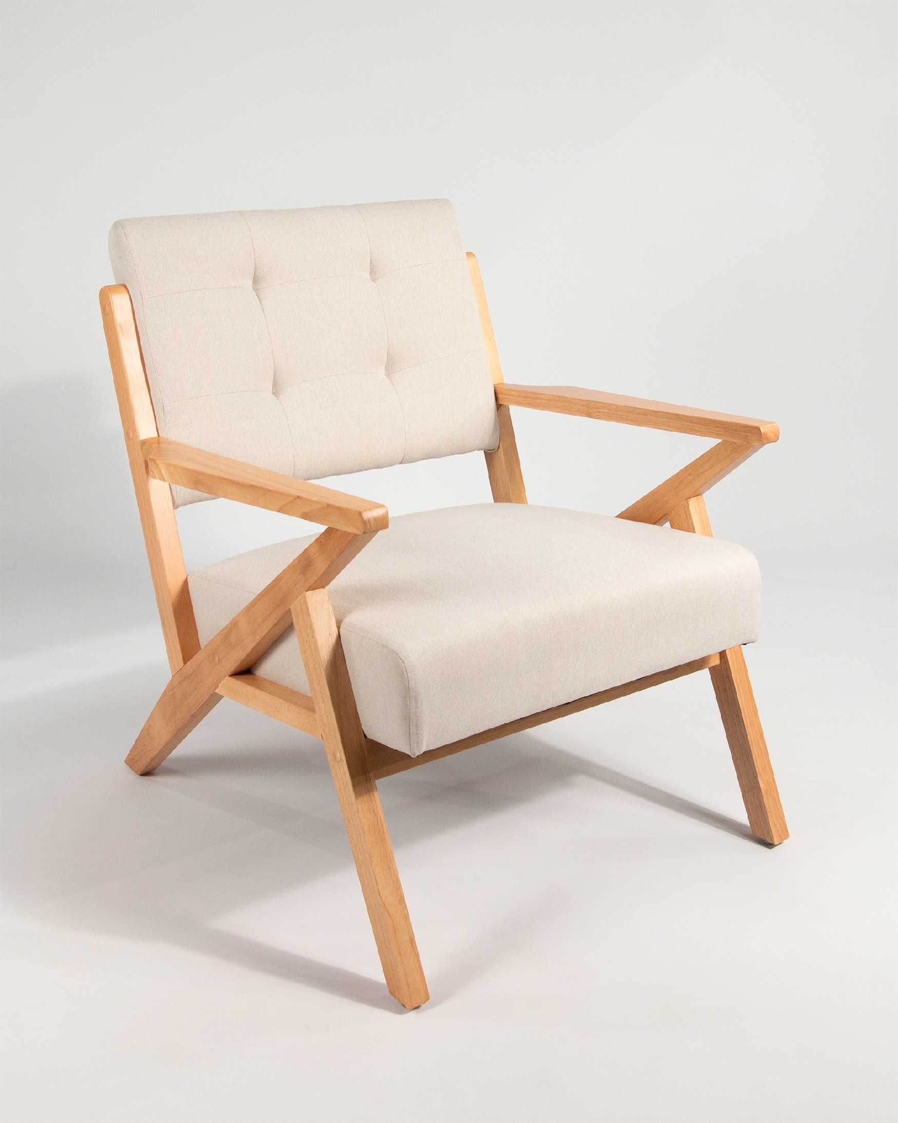 Sakura armchair with sand upholstery and light wood finish
