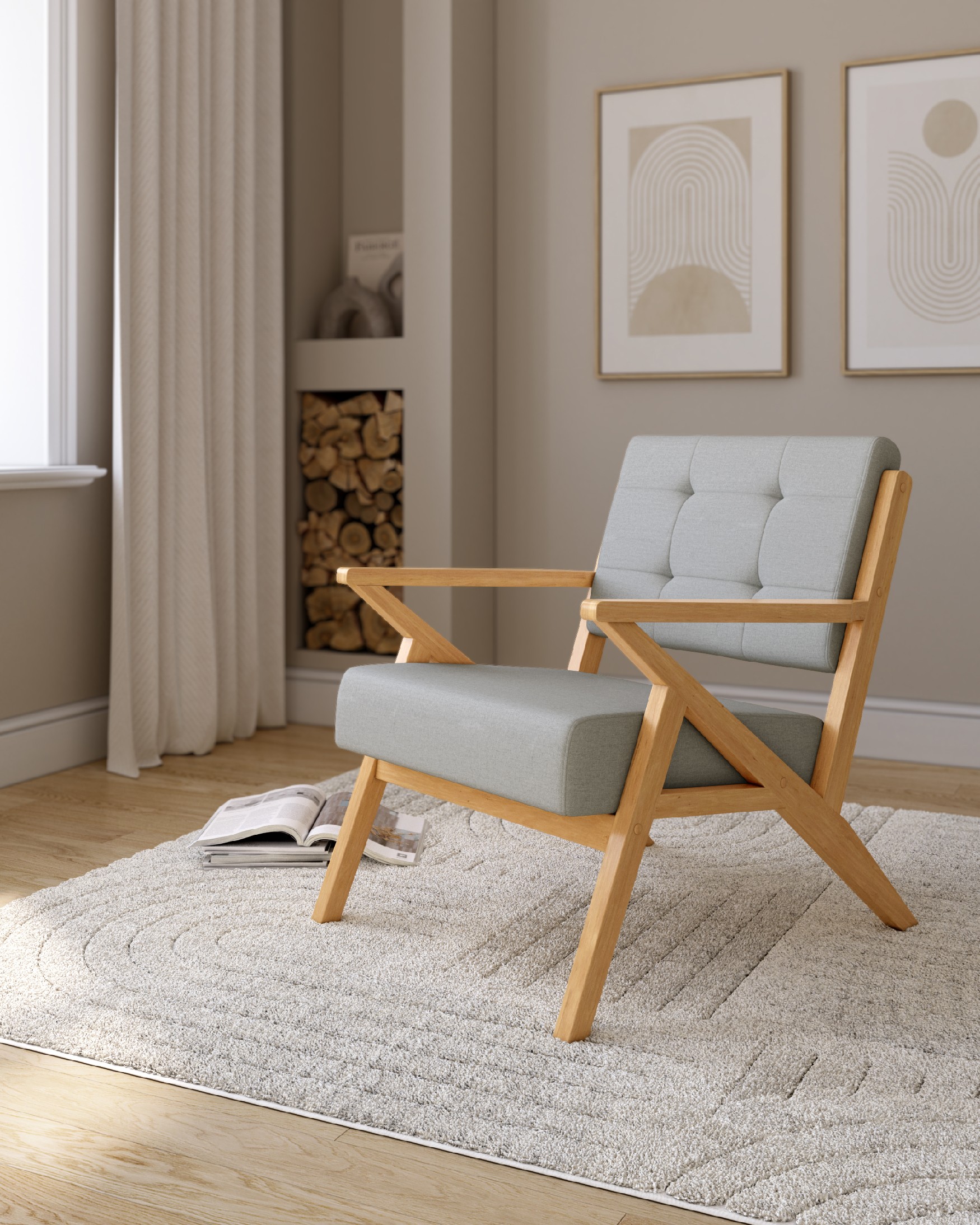 Sakura armchair with gray upholstery and light wood finish