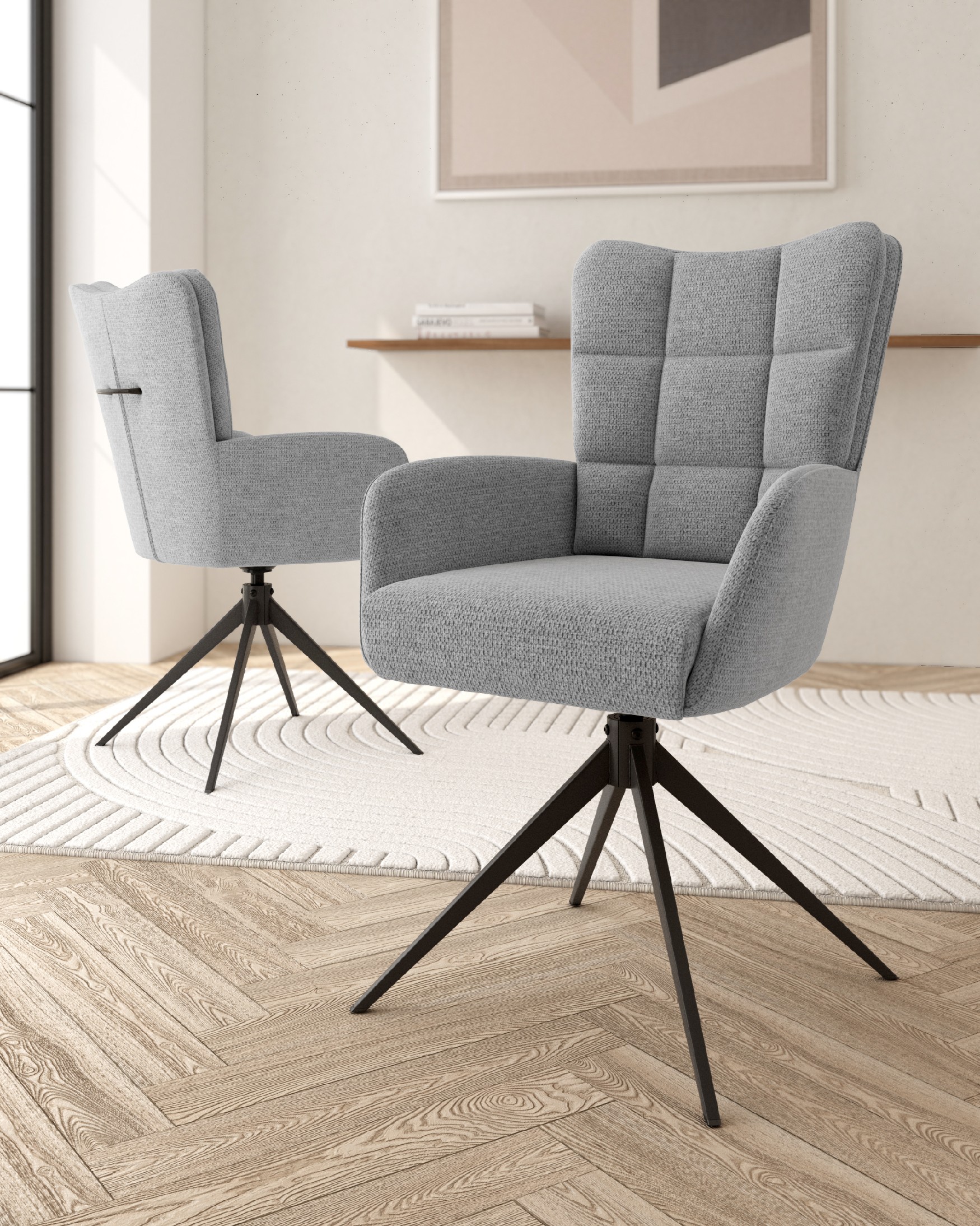Silla Salta giratoria 360º con función return, tapizado gris y patas metálicas negras