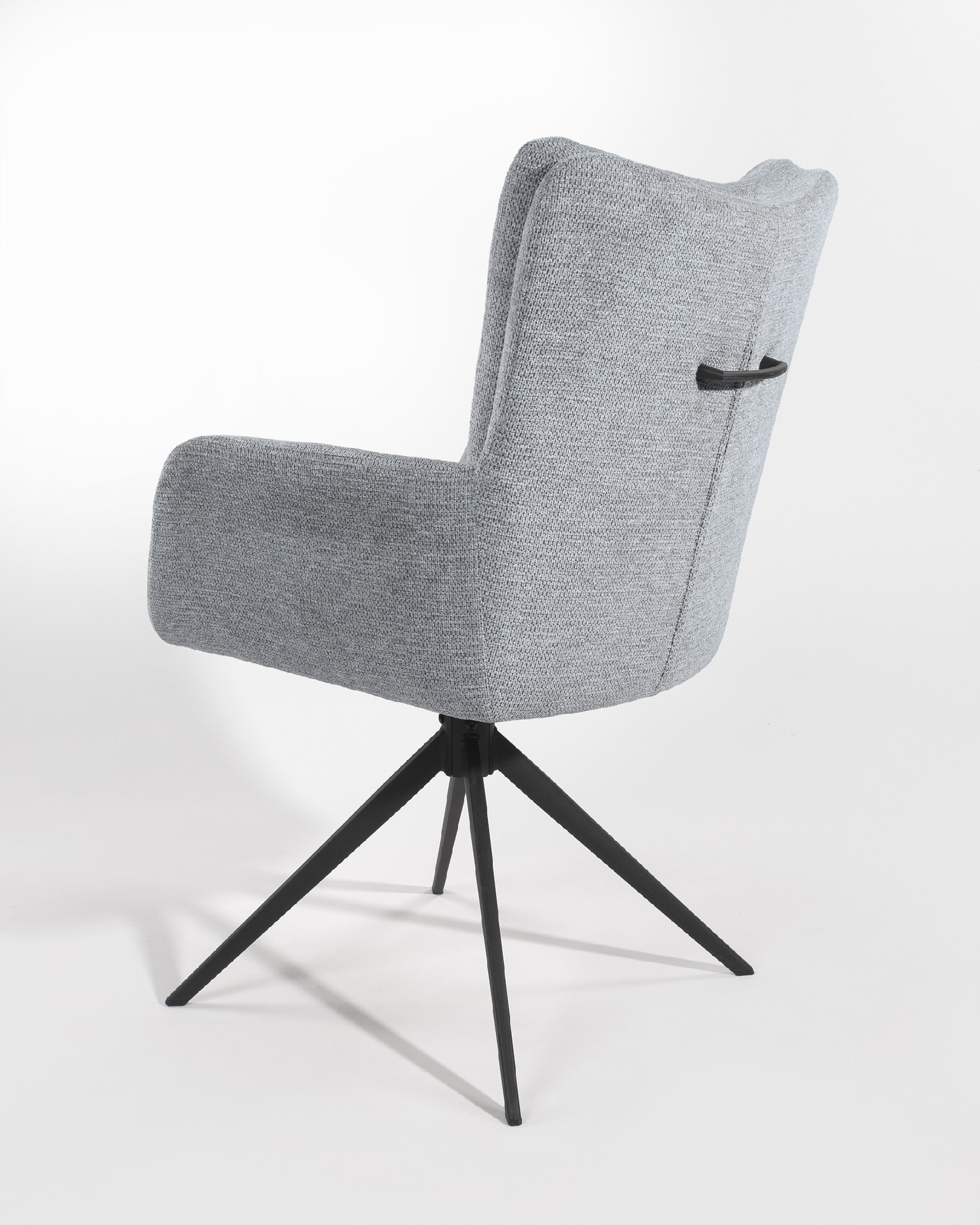 Silla Salta giratoria 360º con función return, tapizado gris y patas metálicas negras