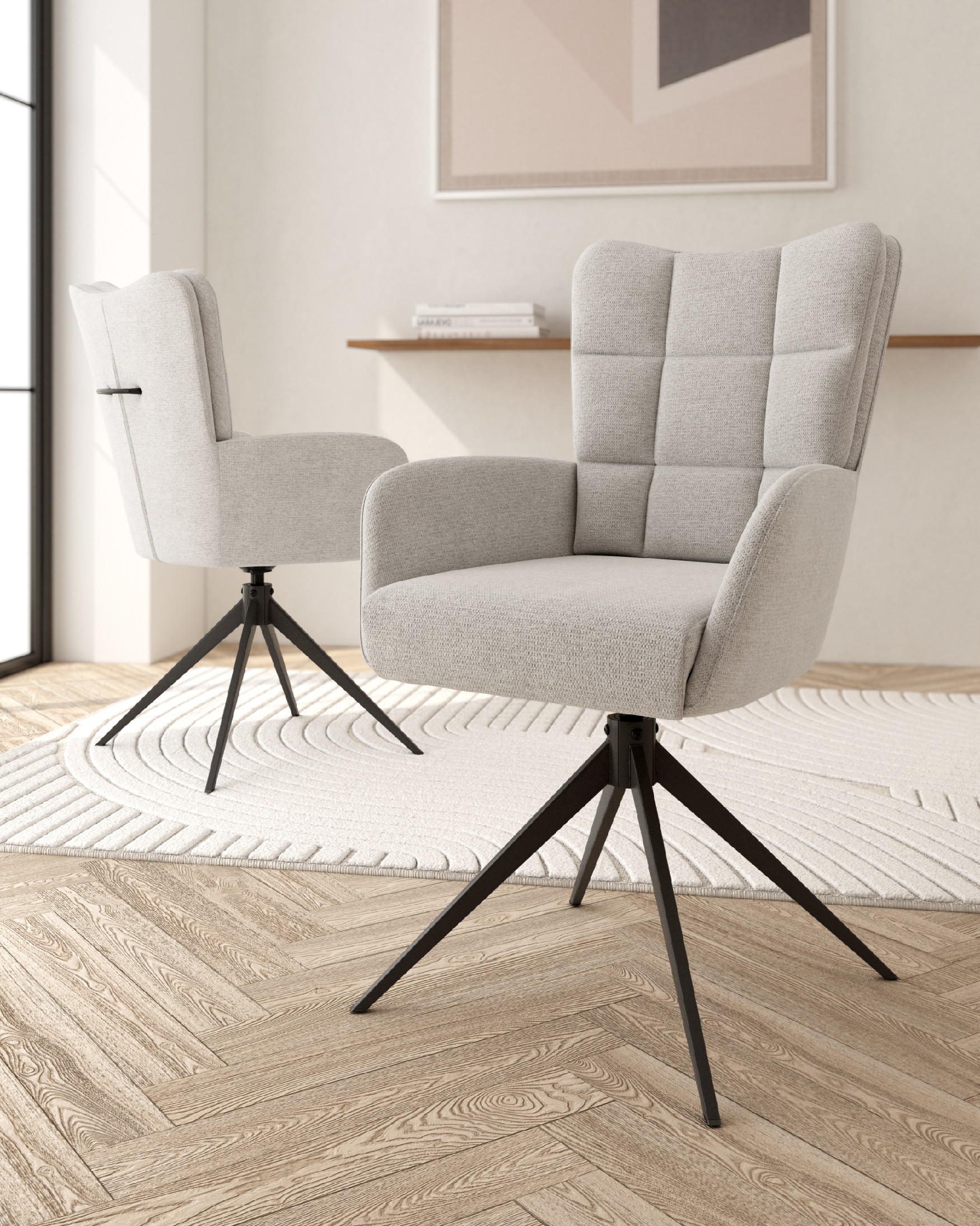 Salta chair 360º swivel with return function, pearl upholstery and black metal legs