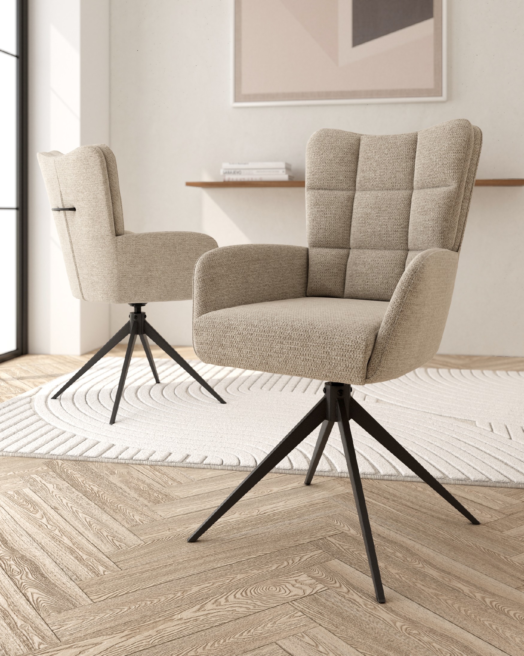 Salta chair 360º swivel with return function, earth upholstery and black metal legs