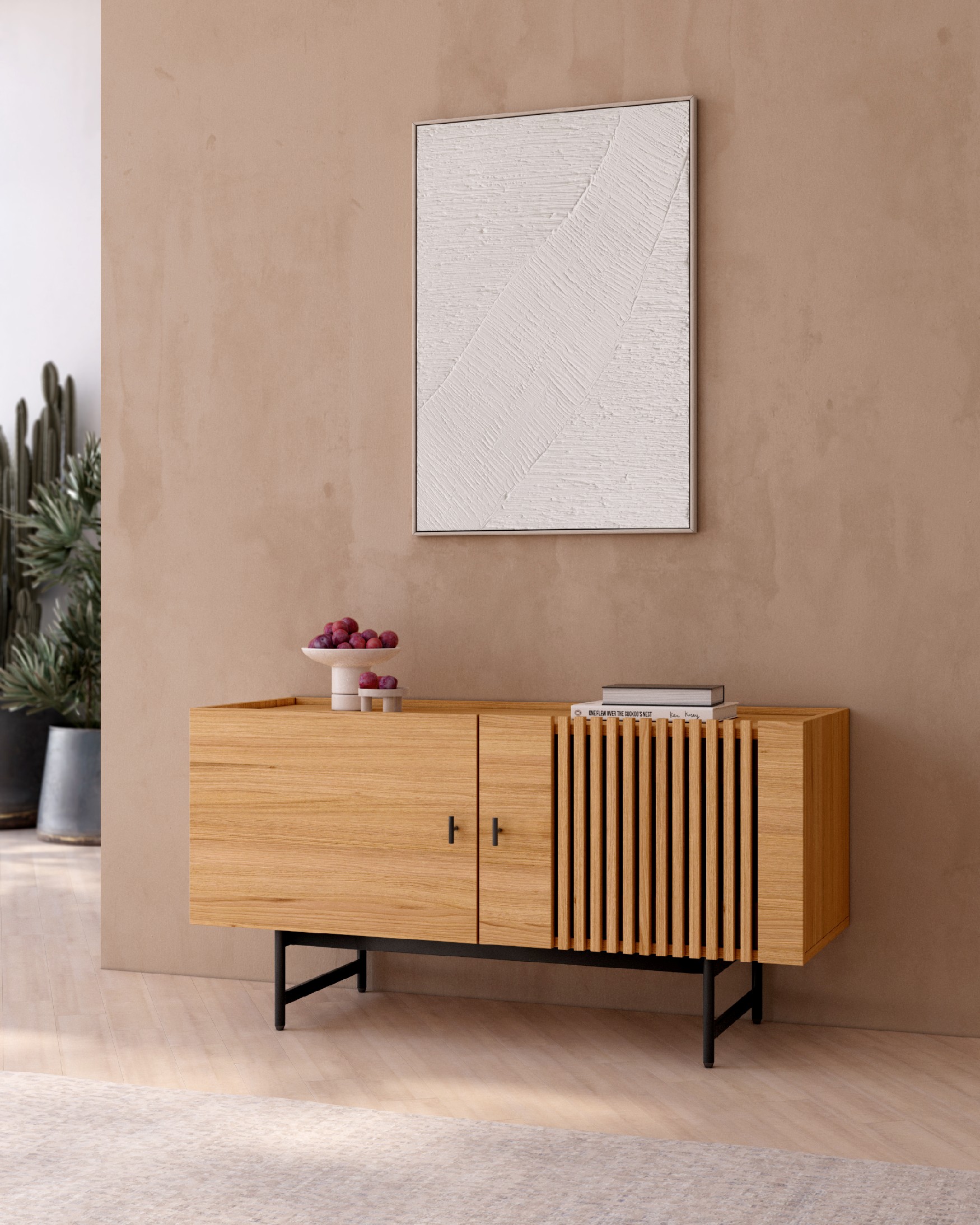 Meuble TV Samurai 2 portes en placage naturel de chêne 120 x 62 cm
