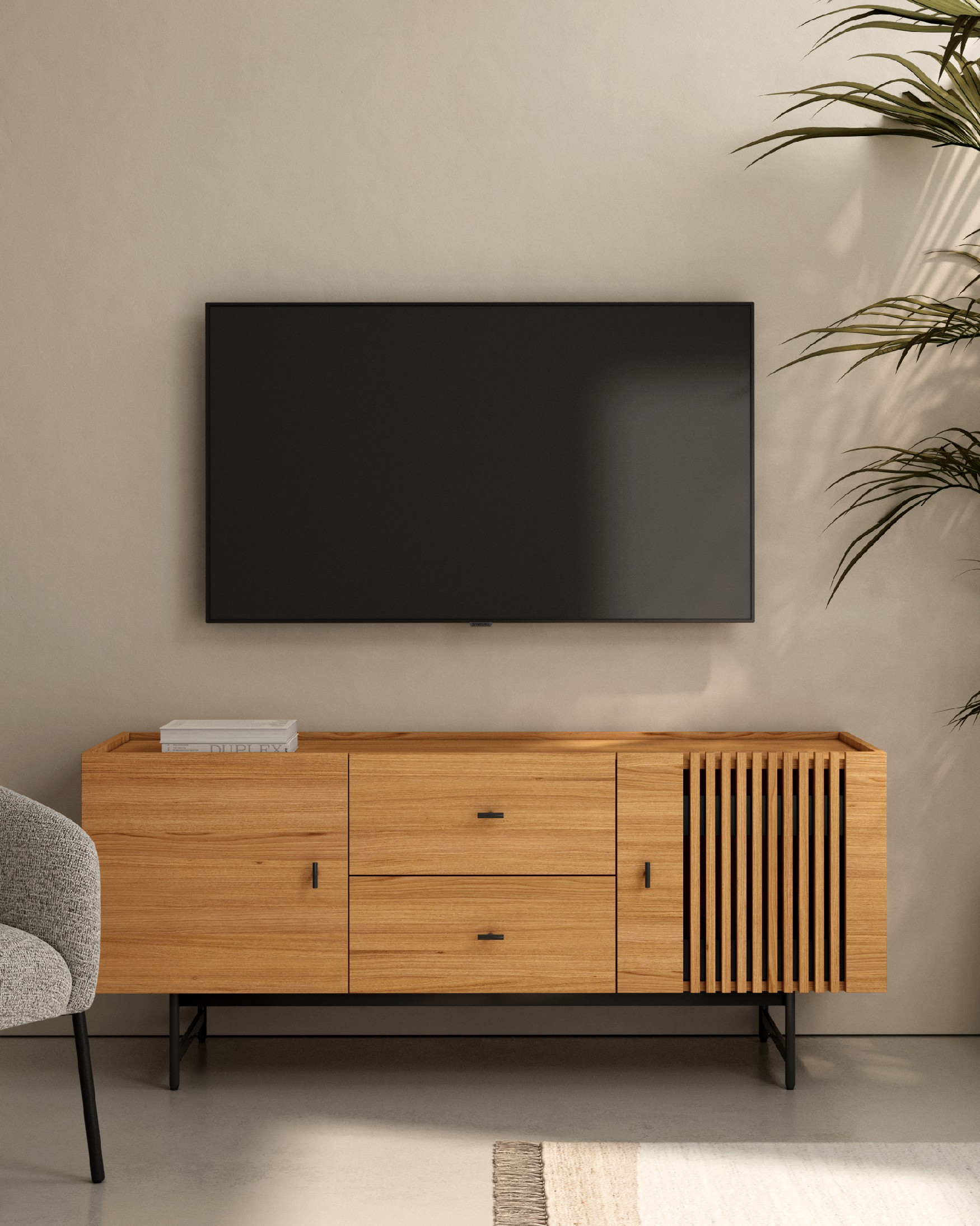 Samurai TV cabinet with 2 doors and two drawers made of natural oak veneer 160 x 70 cm