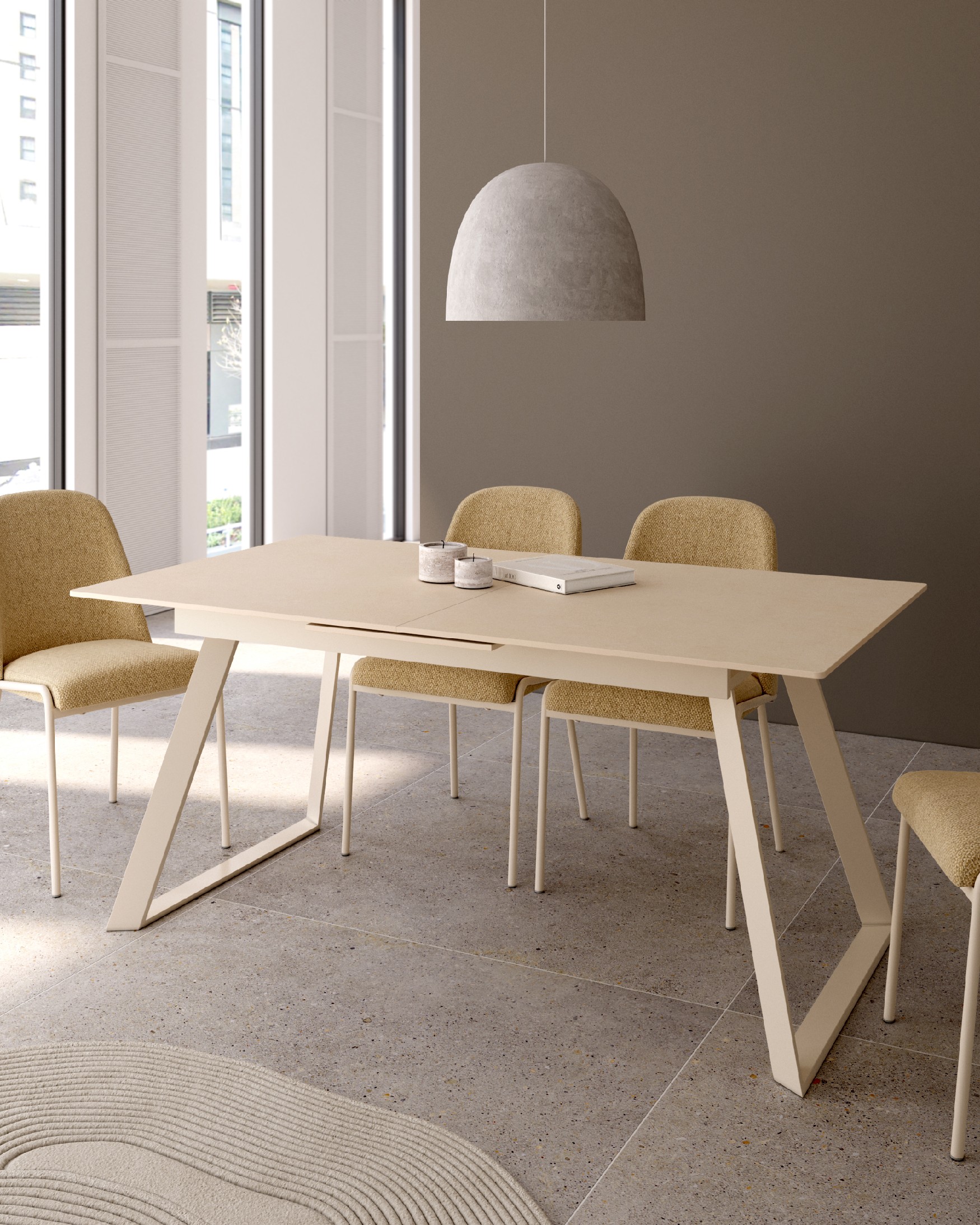 Extendable Saona table with sand porcelain finish and ivory metal structure 140/180 x 90 cm