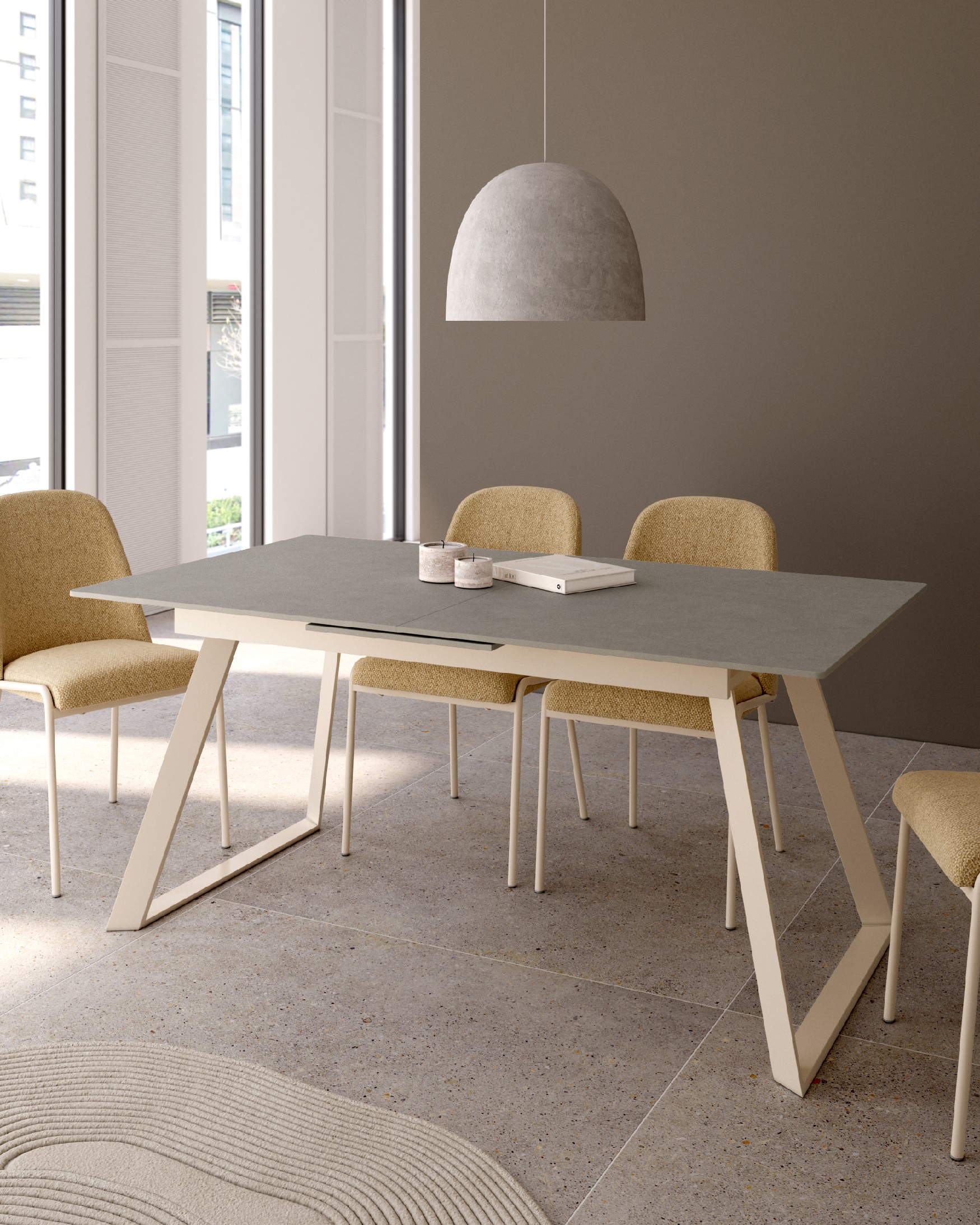 Extendable Saona table with porland porcelain finish and ivory metal structure 160/200 x 90 cm