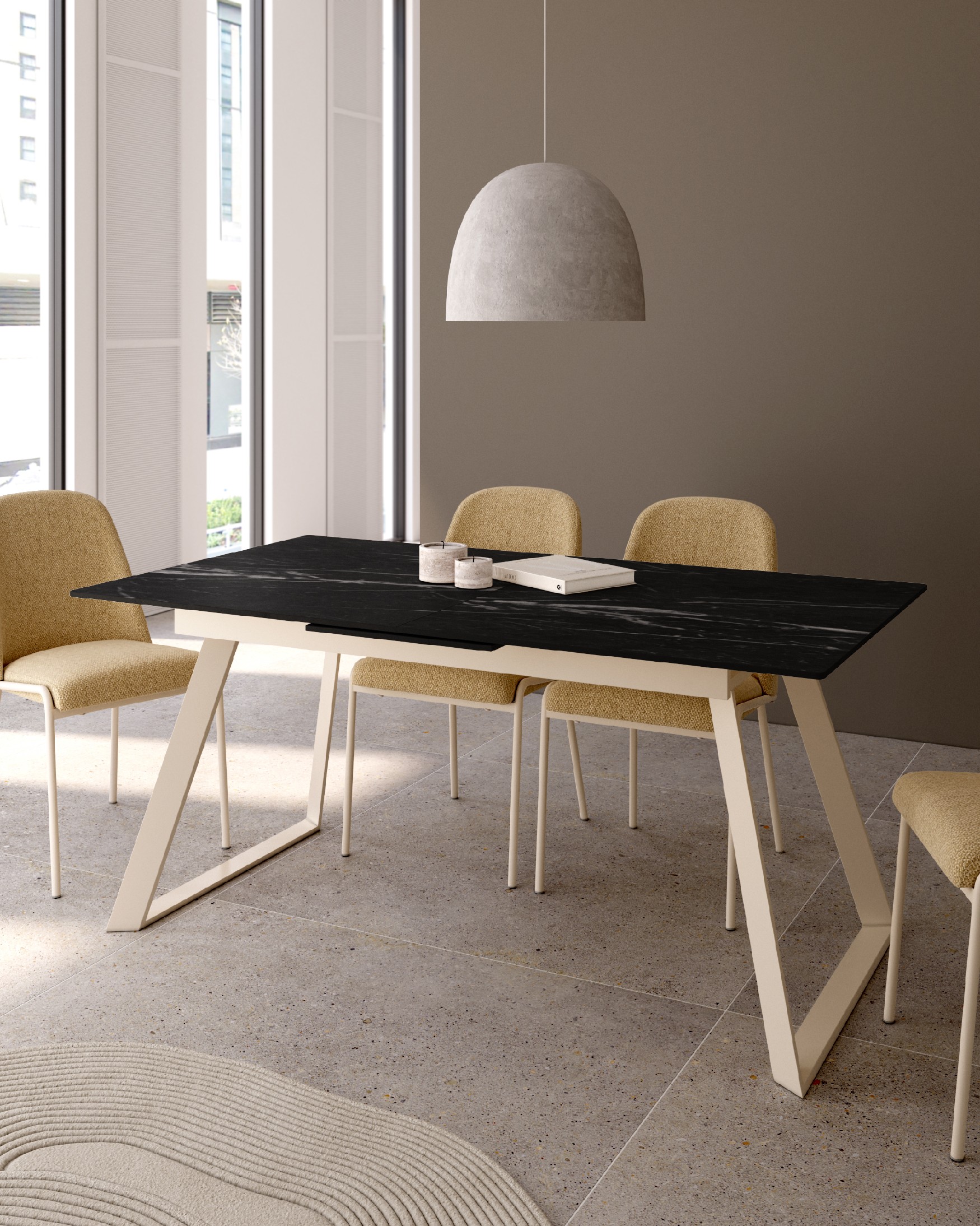 Table Saona extensible avec finition porcelaine marquina et structure métallique ivoire 160/200 x 90 cm