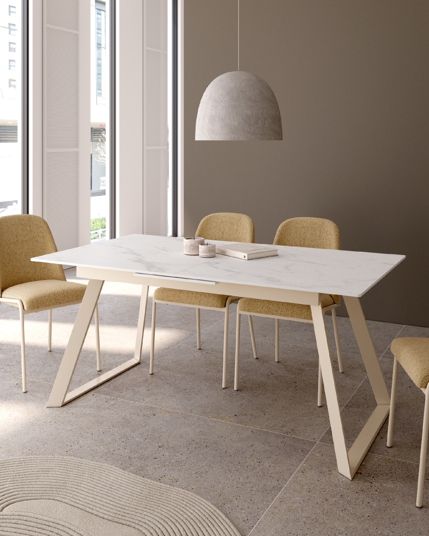 Mesa Saona extensible con acabado porcelánico carrara y estructura metálica marfil 160/200 x 90 cm
