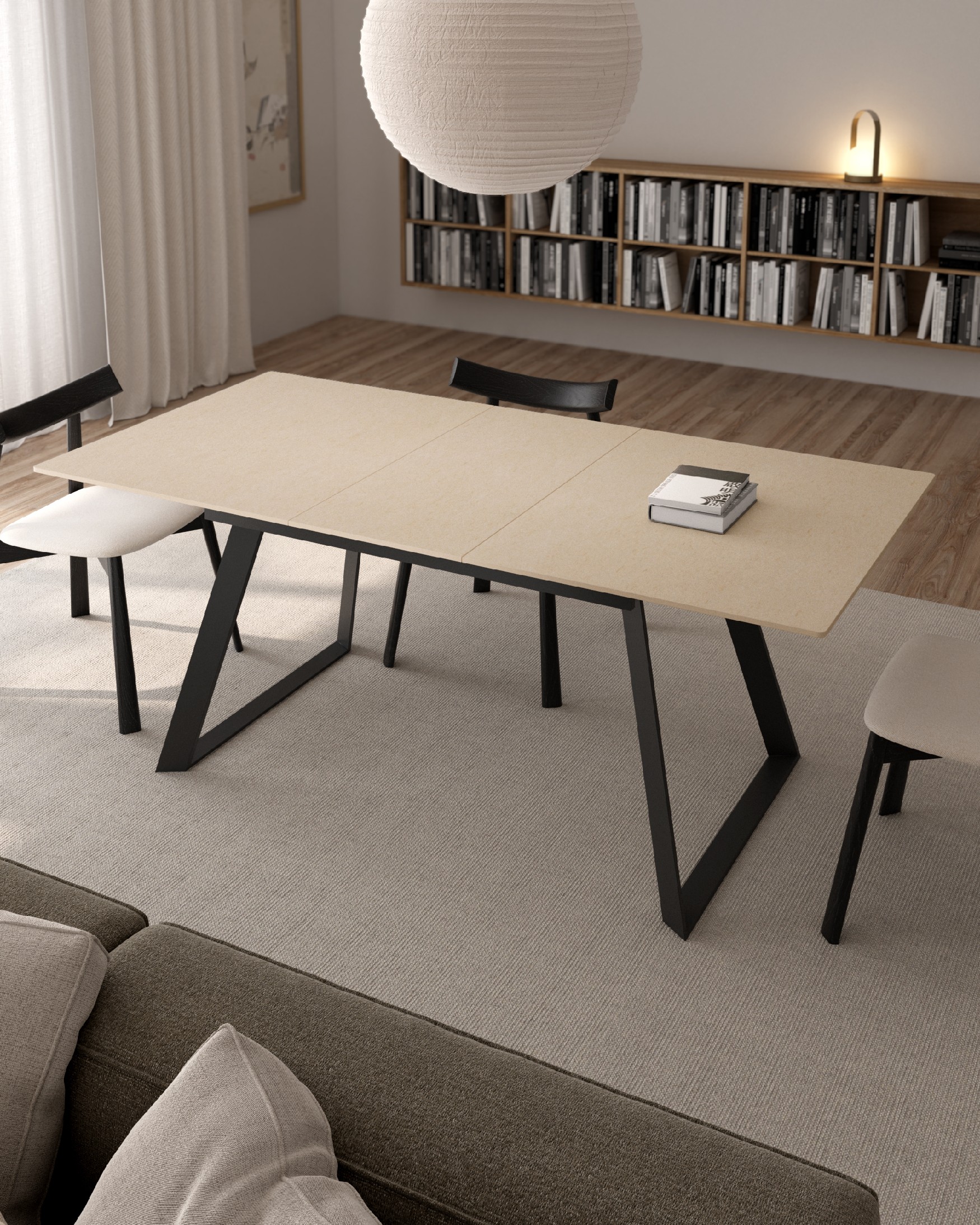 Extendable Saona table with sand porcelain finish and black metal structure 140/180 x 90 cm