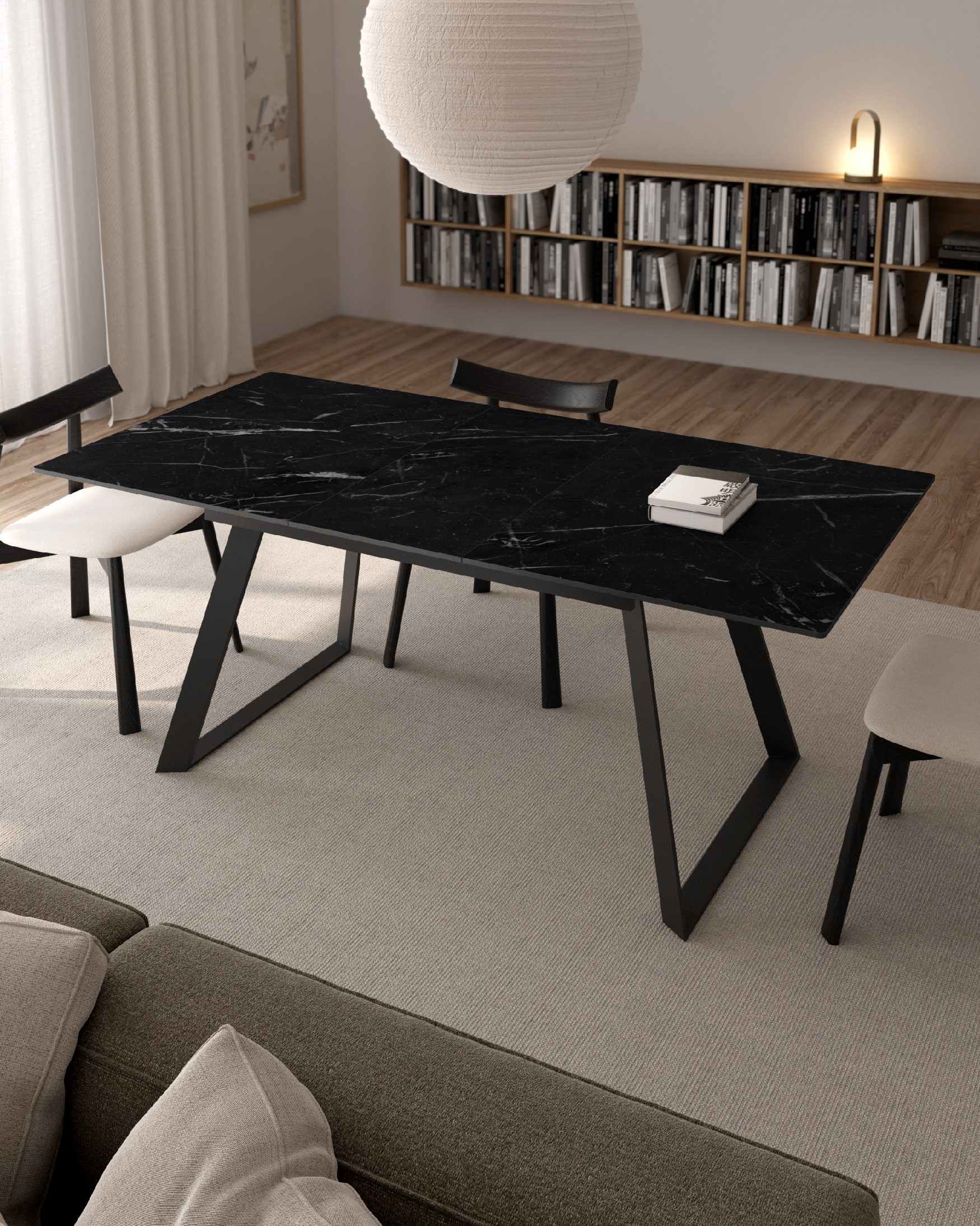Extendable Saona table with marquina porcelain finish and black metal structure 140/180 x 90 cm