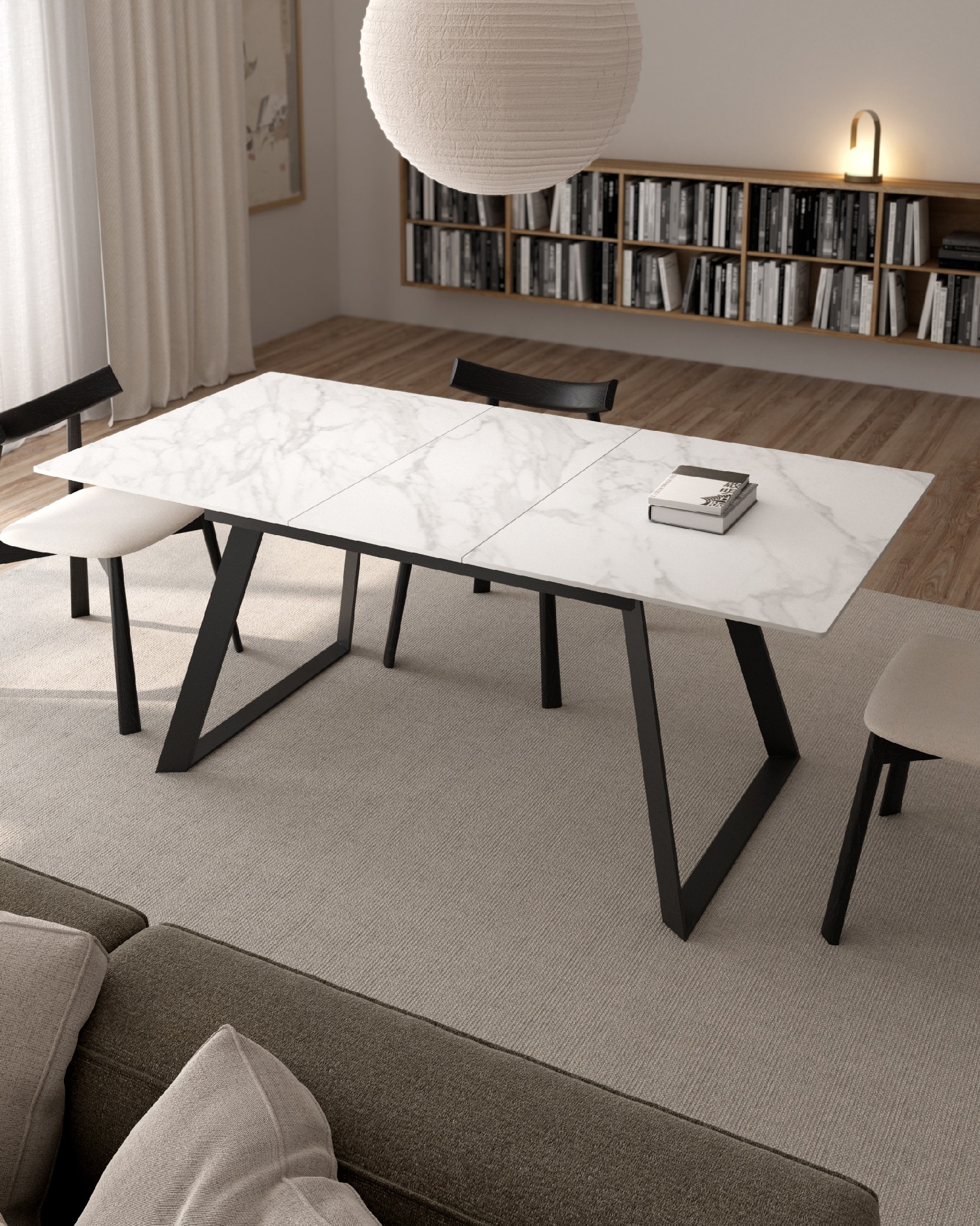 Extendable Saona table with carrara porcelain finish and black metal structure 140/180 x 90 cm