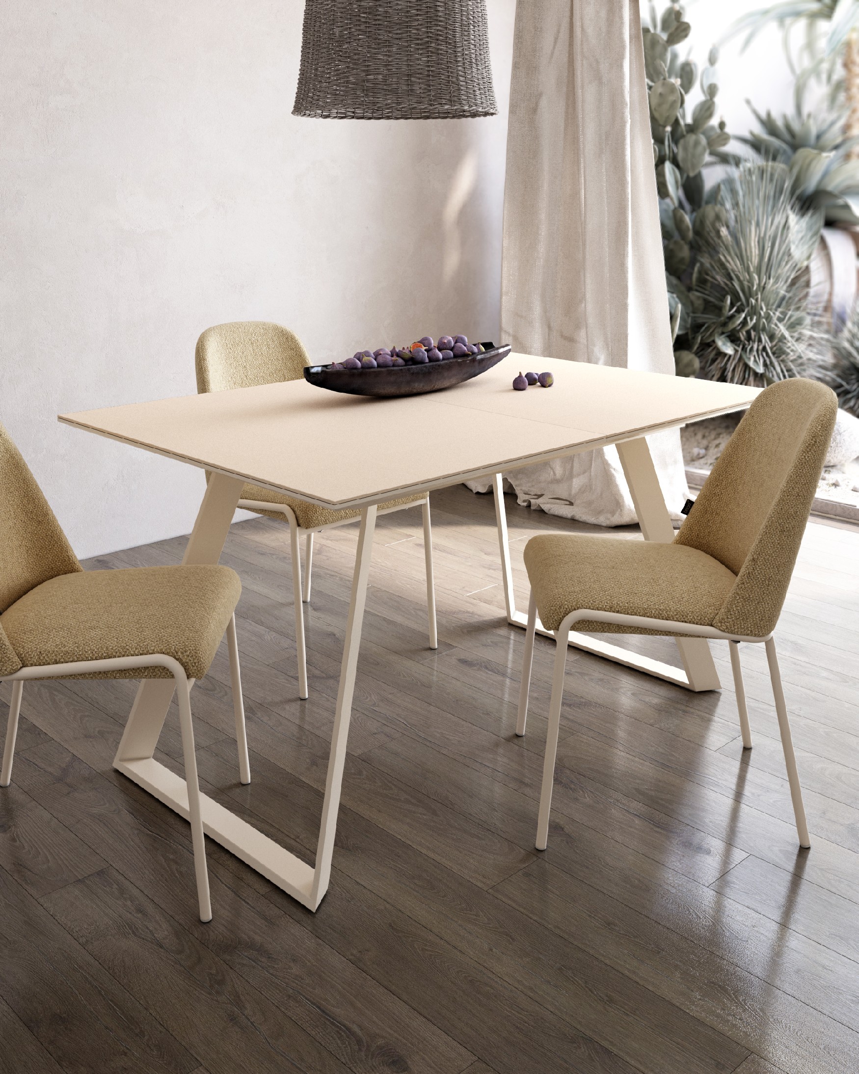 Sena extensible table with porcelain finish beige and ivory metal structure 140/180 x 90 cm