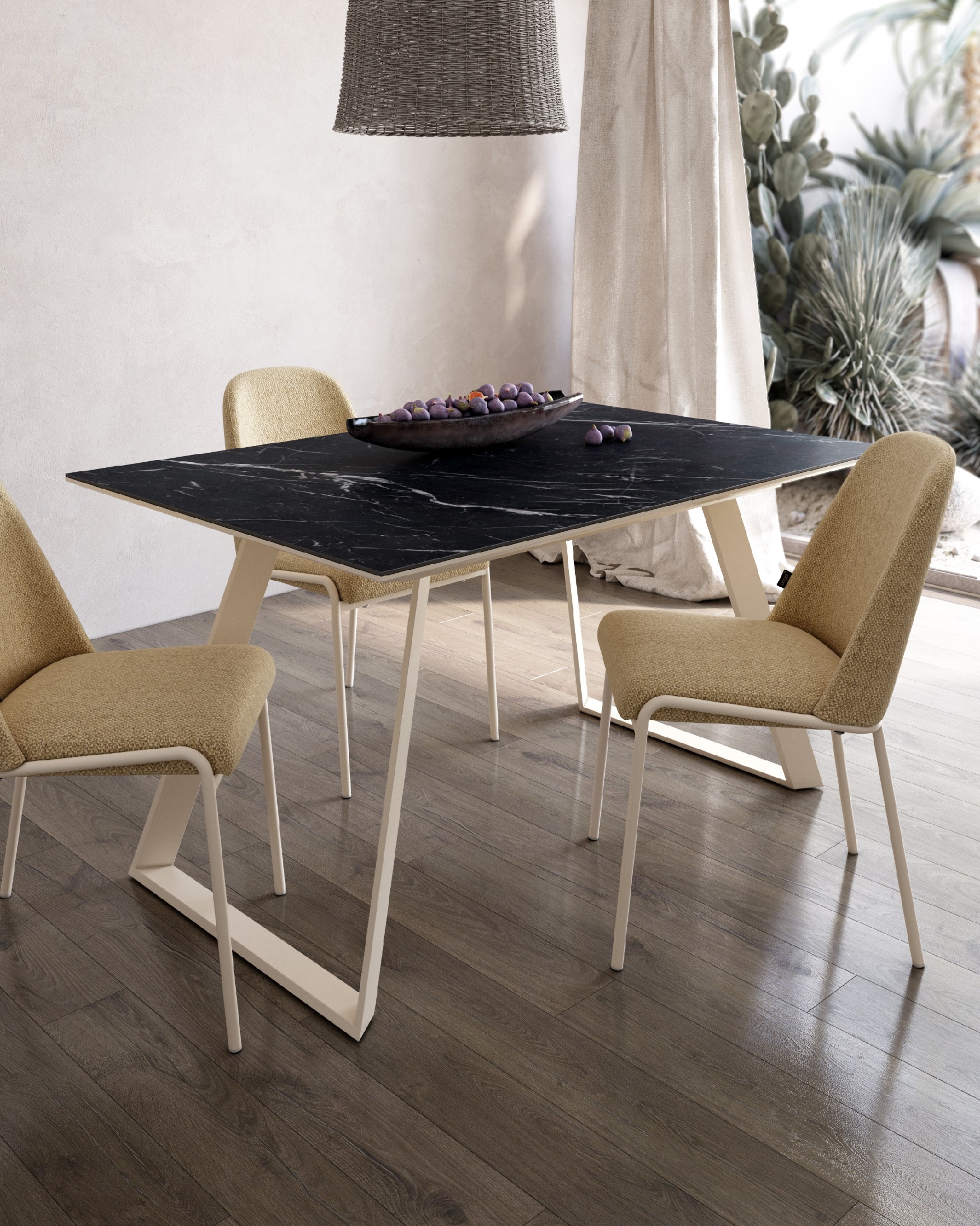 Sena extensible table with porcelain finish Marquina and ivory metal structure 140/180 x 90 cm