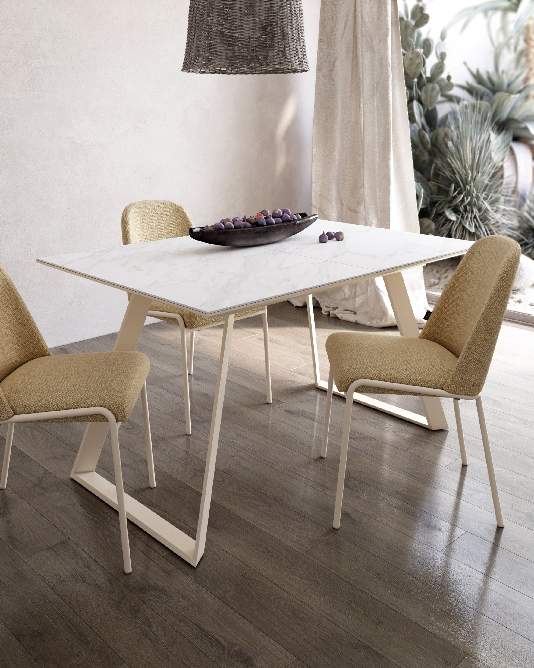 Table Sena extensible avec finition porcelaine Carrara et structure métallique ivoire 160/200 x 90 cm