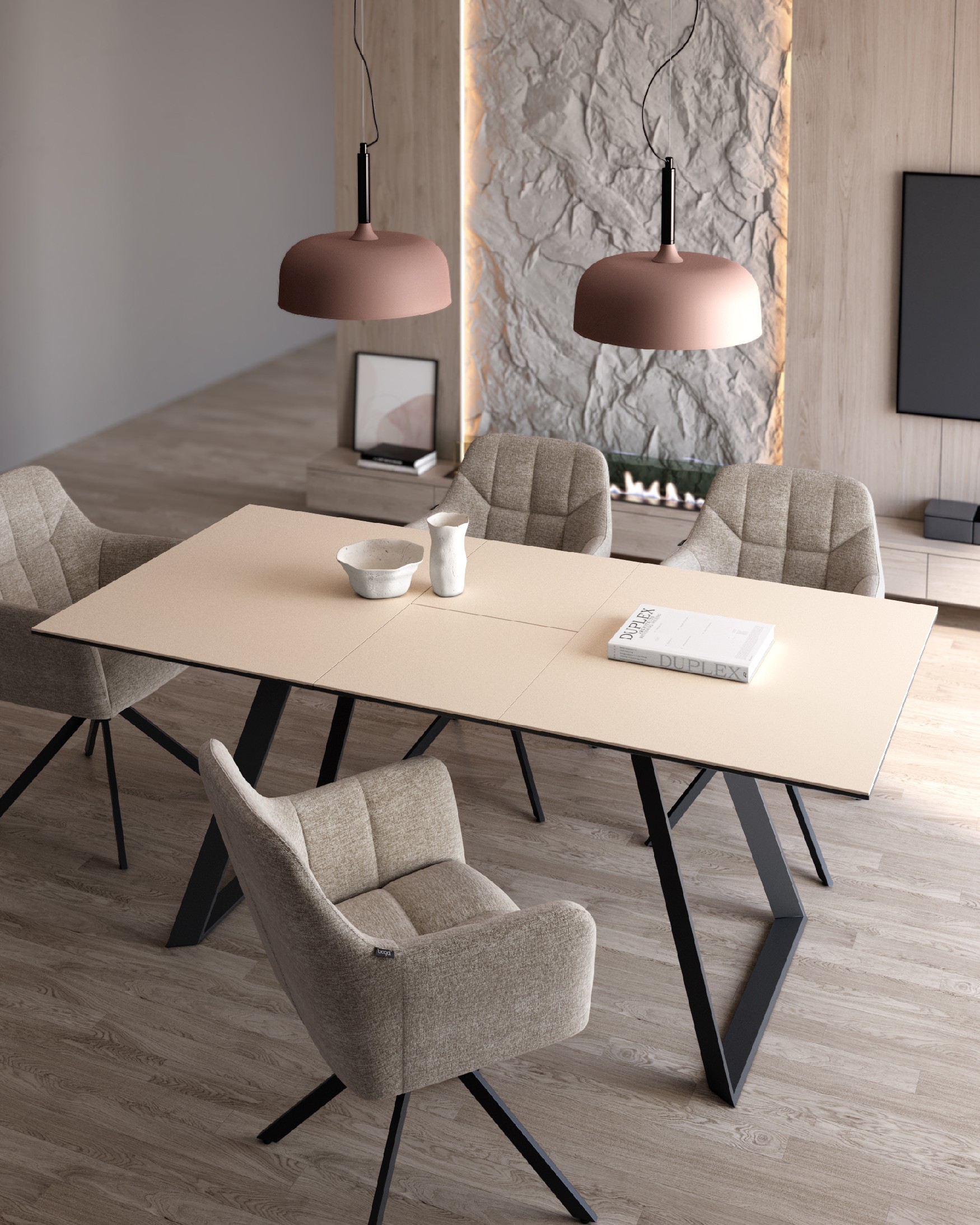 Sena extensible table with porcelain finish beige and black metal structure 140/180 x 90 cm
