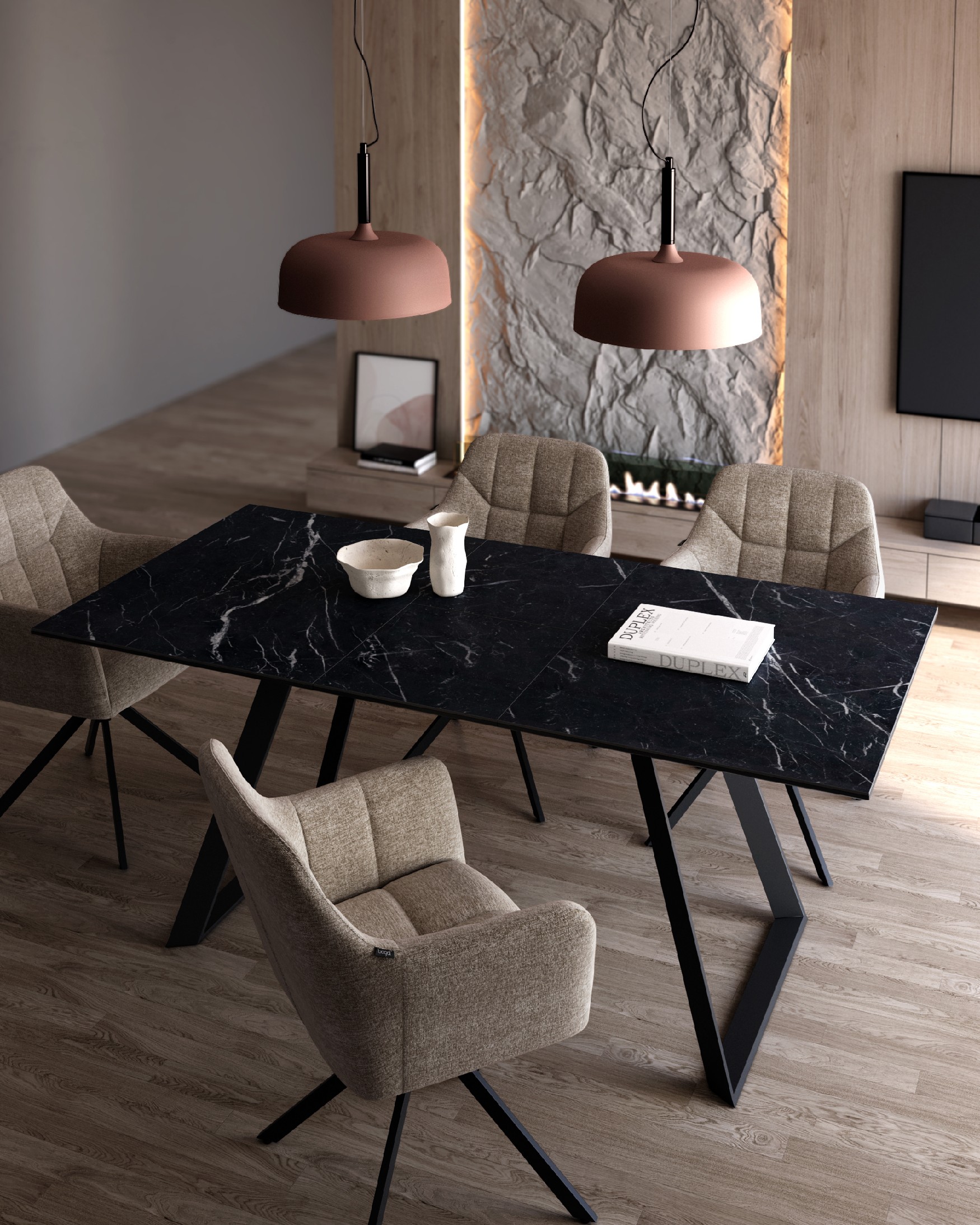 Mesa Sena extensible con acabado porcelánico marquina y estructura metálica negra 140/180 x 90 cm