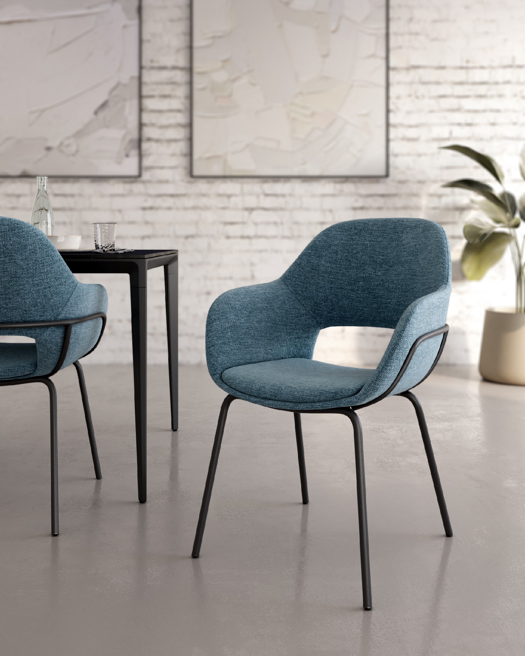 Sidney chair with blue upholstery and black metal legs