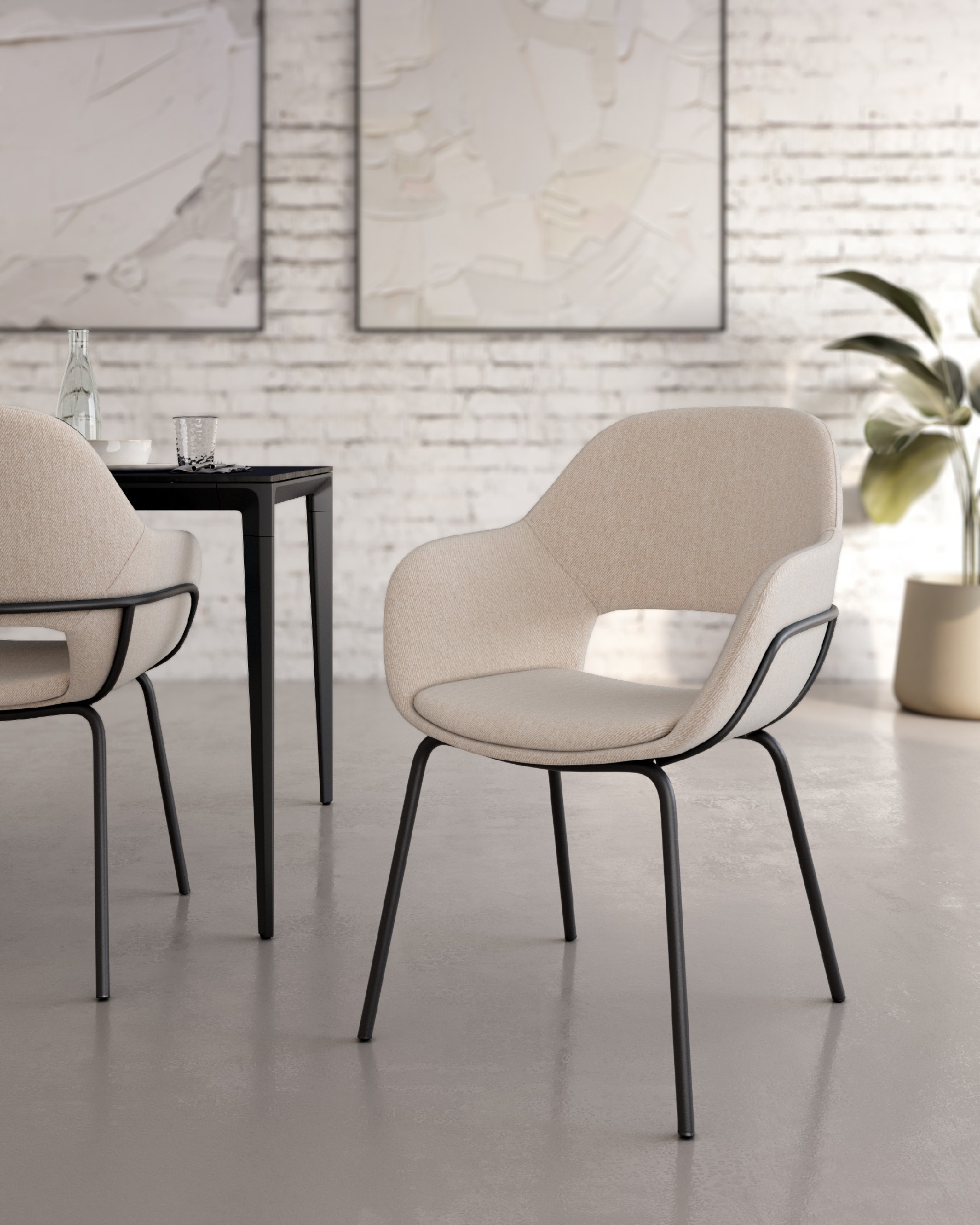 Silla Sidney con tapizado nacar y patas metálicas negras