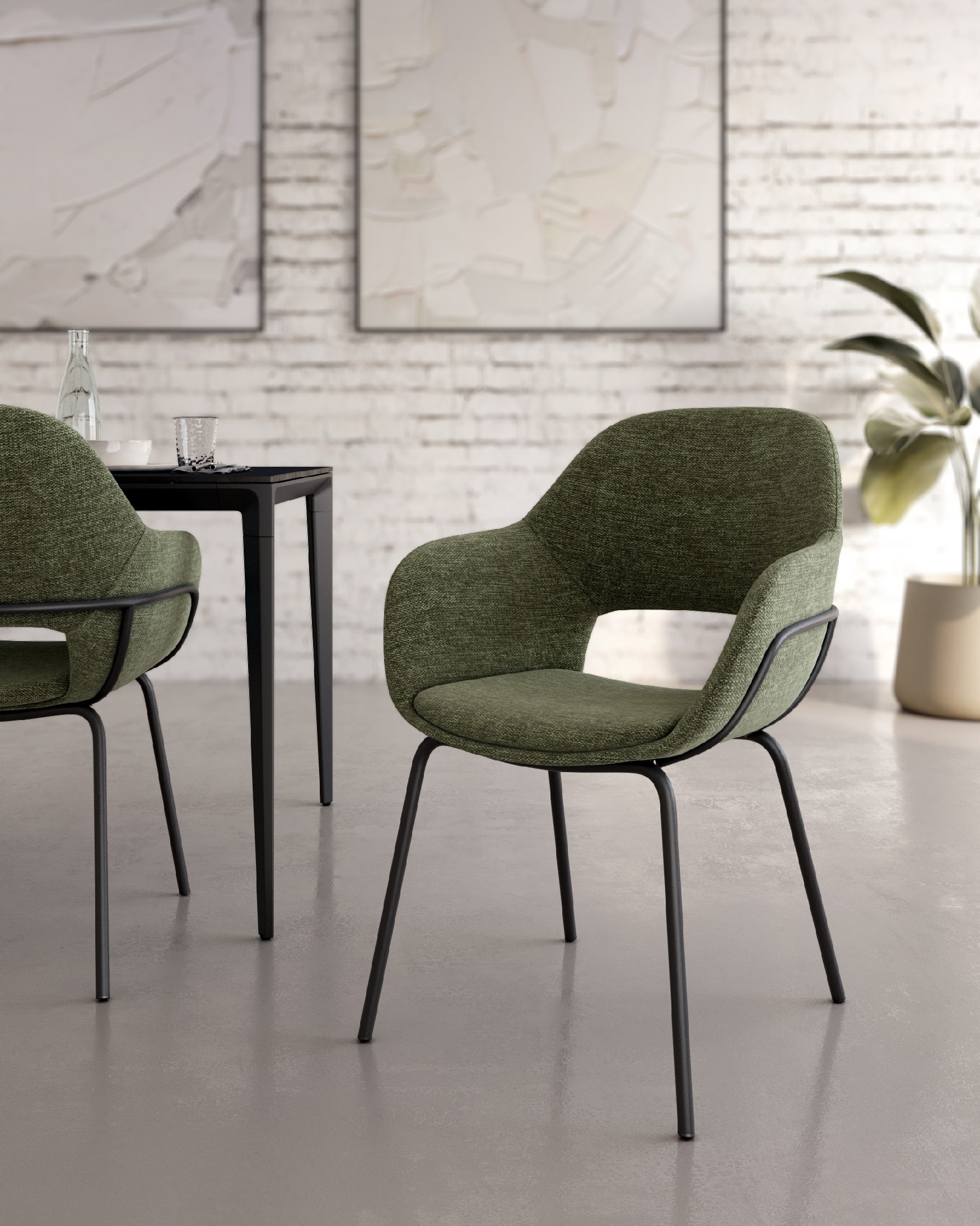 Chaise Sidney avec revêtement vert et pieds métalliques noirs
